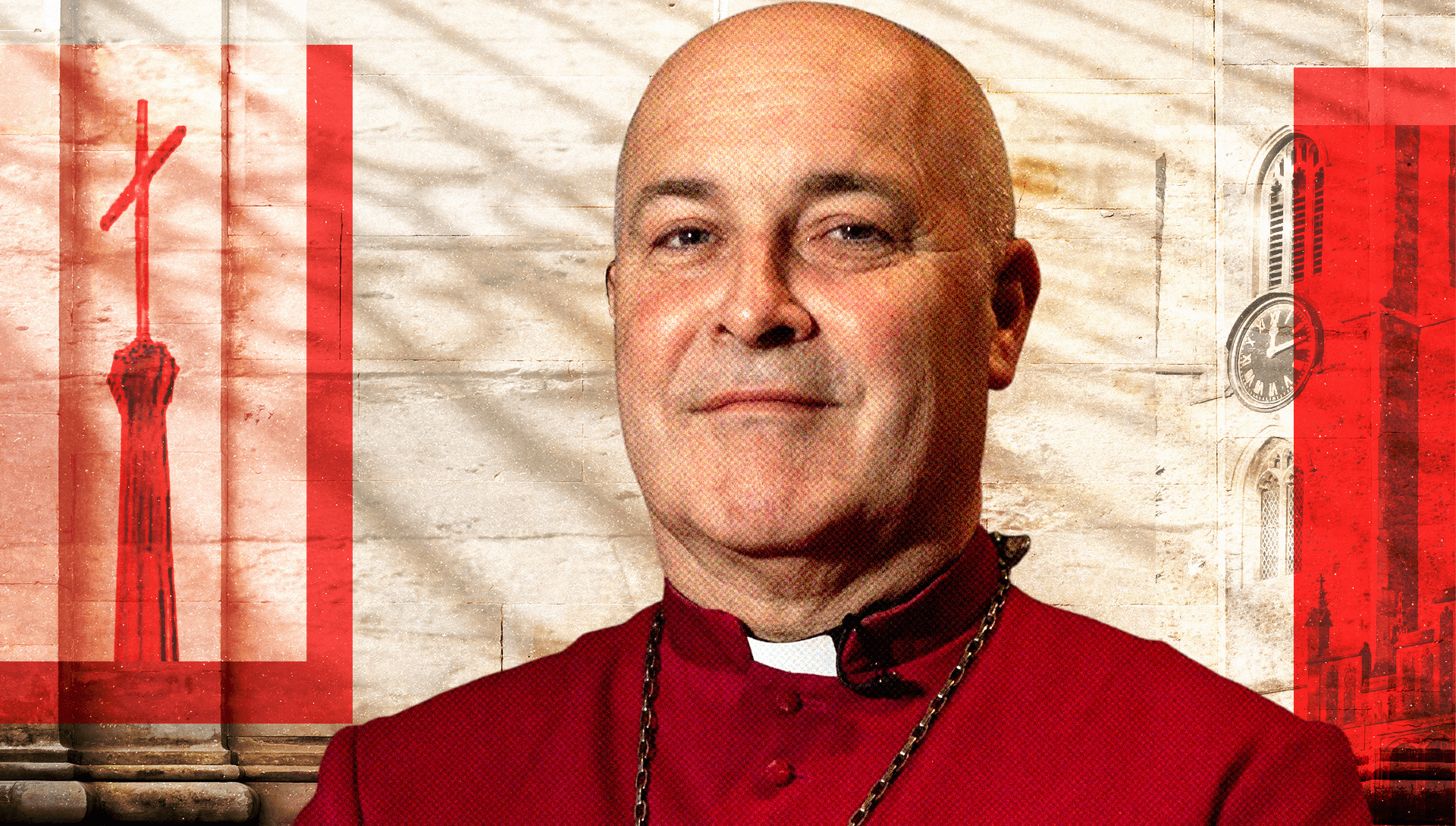 Portrait of Steven Cottrell, who is looking at the camera with a slight smile. He has a bald head and is clean shaven. He wears a cassock and white clerical collar, with a chain round his neck. In the background are a church tower and a church spire. 