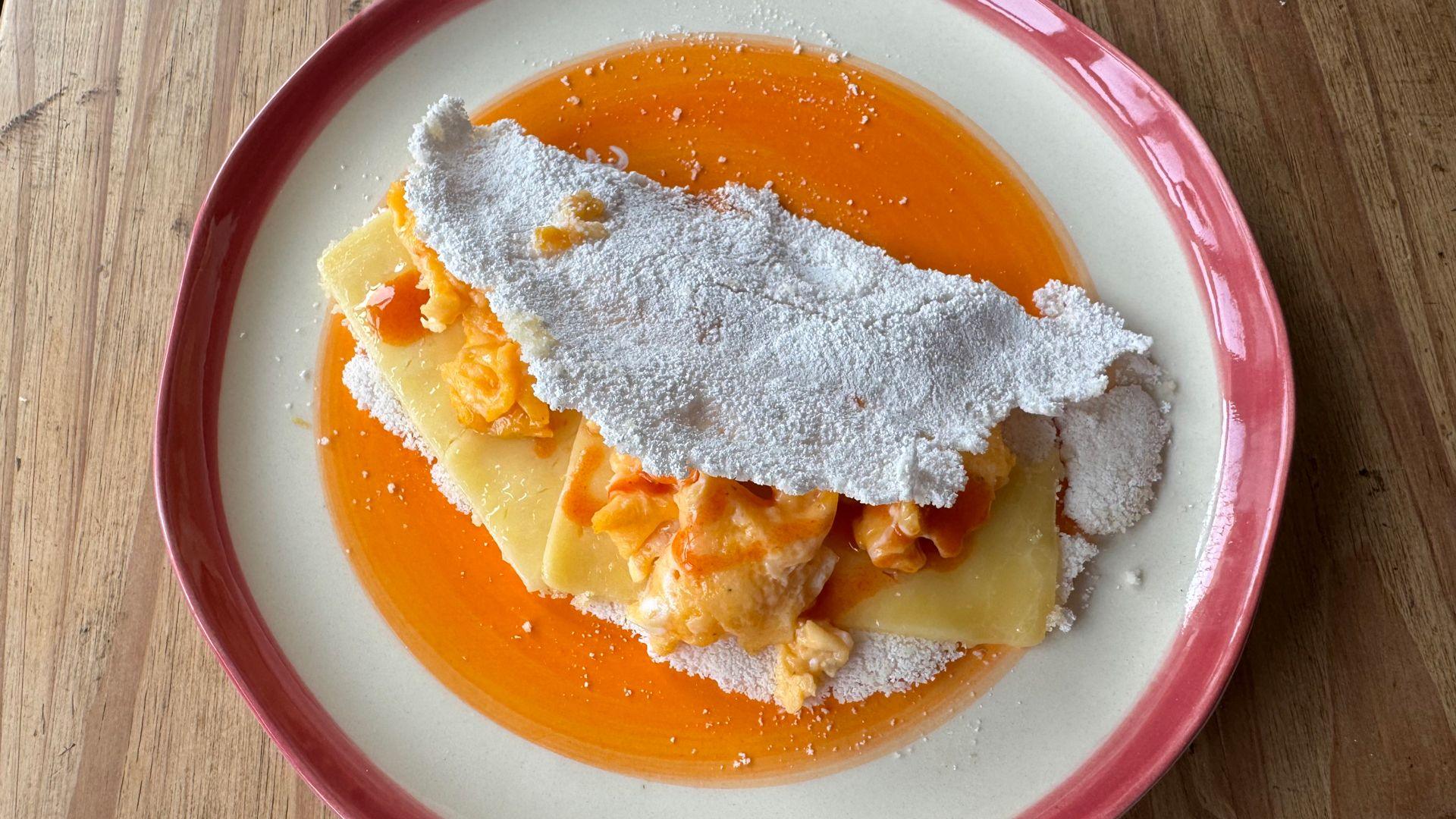 Tapioca pancake stuffed with cheese and scrambled egg