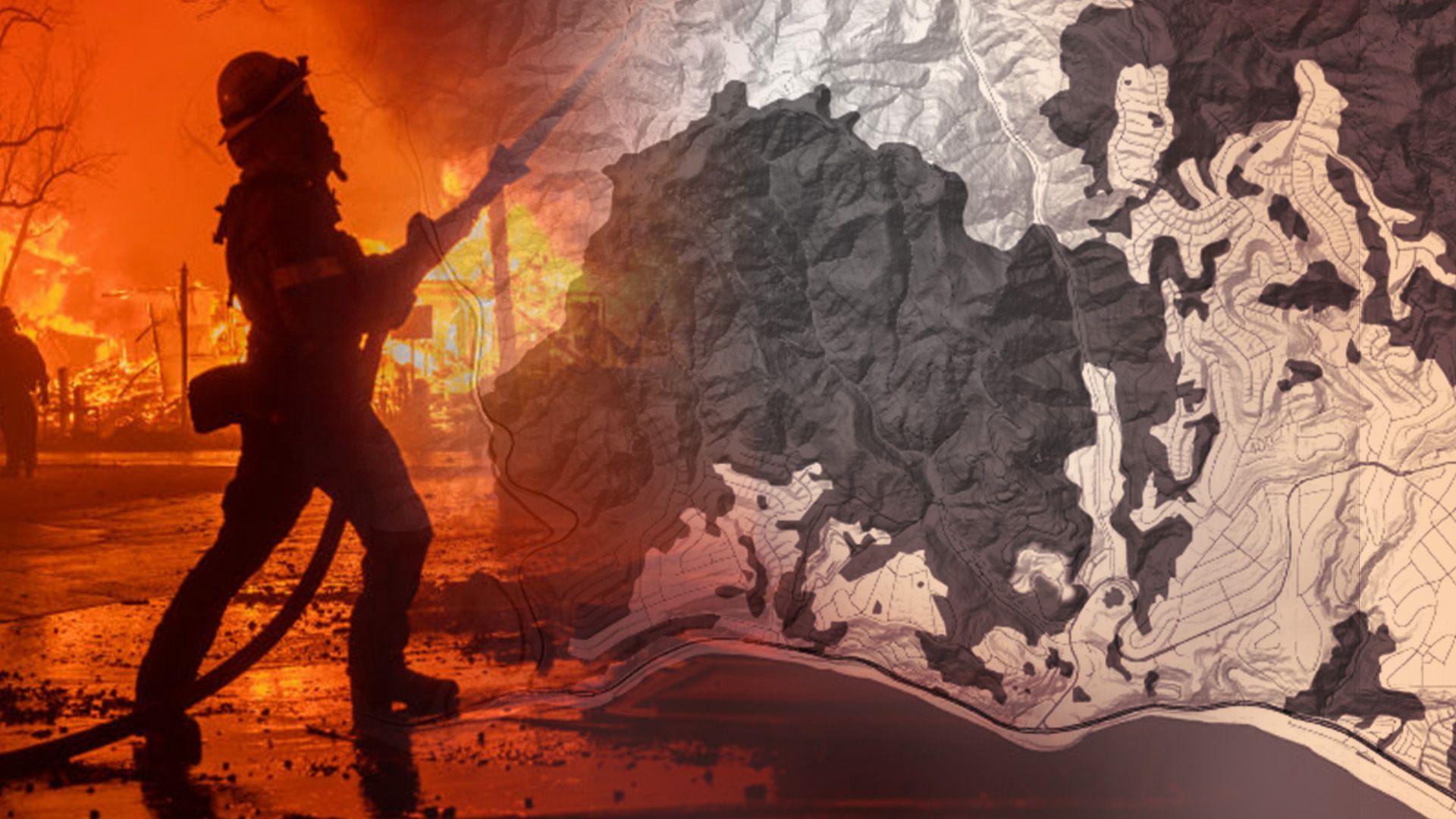 Graphic image showing a firefighter holding a hose and burning buildings behind him, with a map image to the right hand side