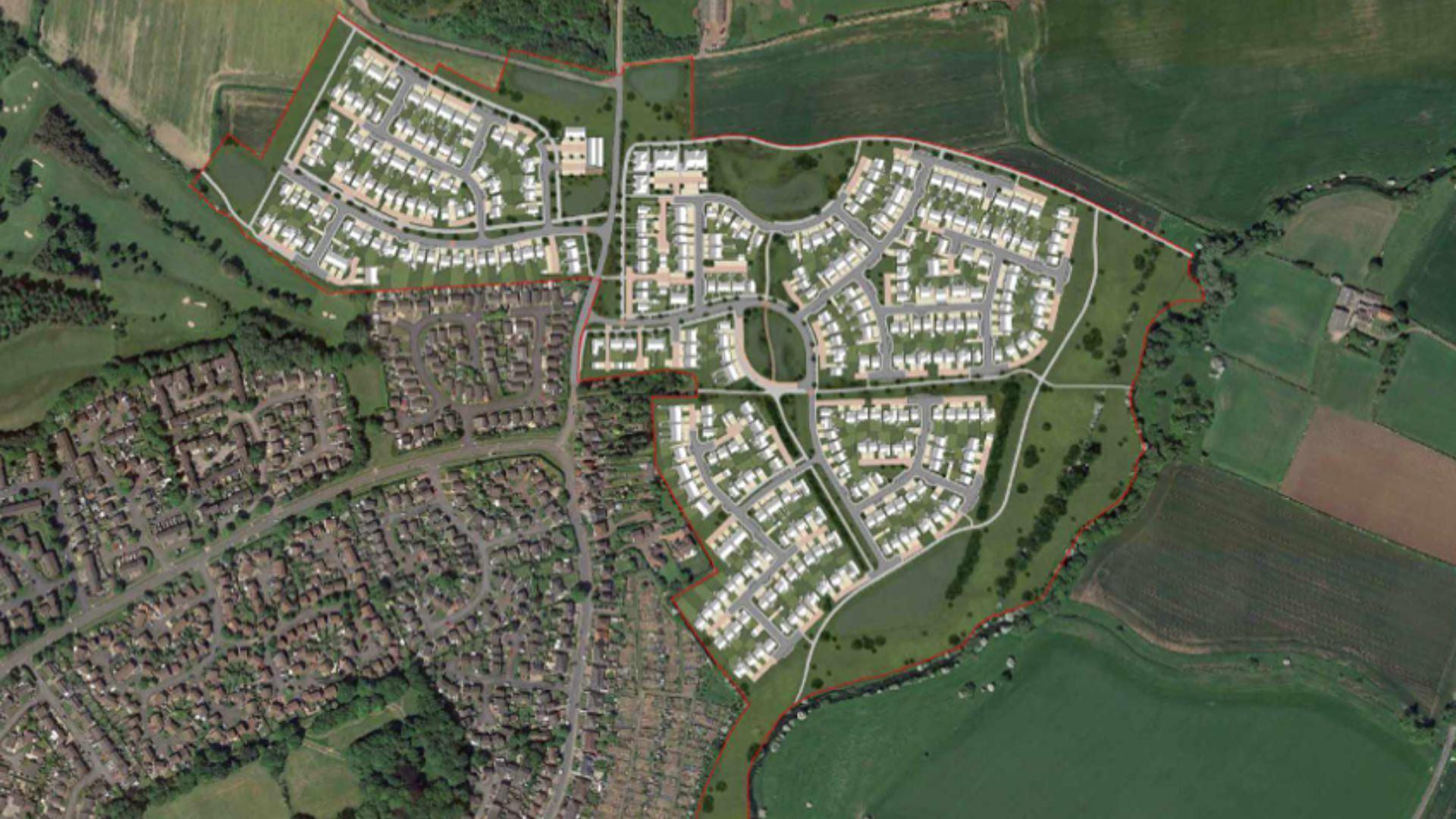 An overhead view of the proposed homes. Dozens of homes and new streets are superimposed on a field, north-east of an existing group of houses.