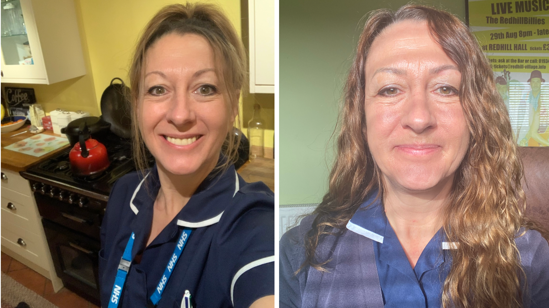 Two images side by side of Jo taking a selfie while wearing her blue nurse's uniform