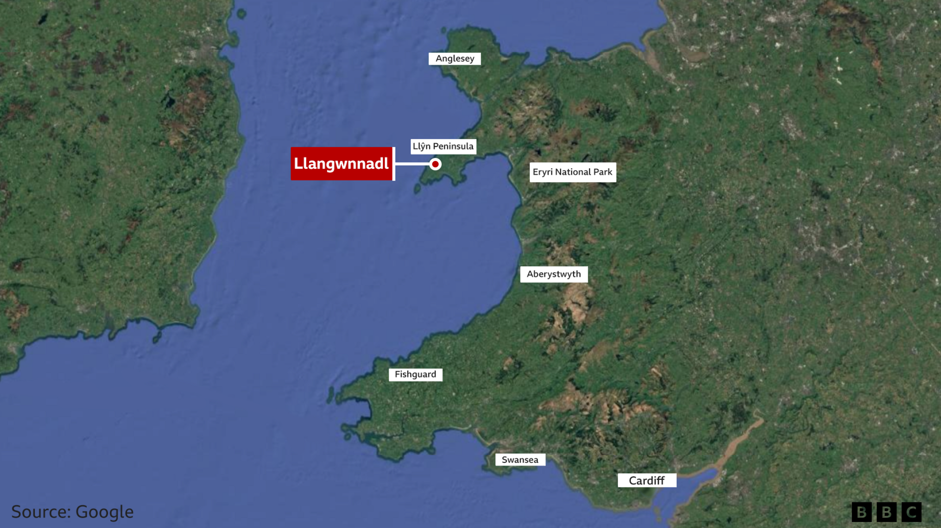 A graphic showing a map of Wales with the country's main towns labelled in white. Llangwnnadl village is labelled in red, just below the Llŷn Peninsula.
