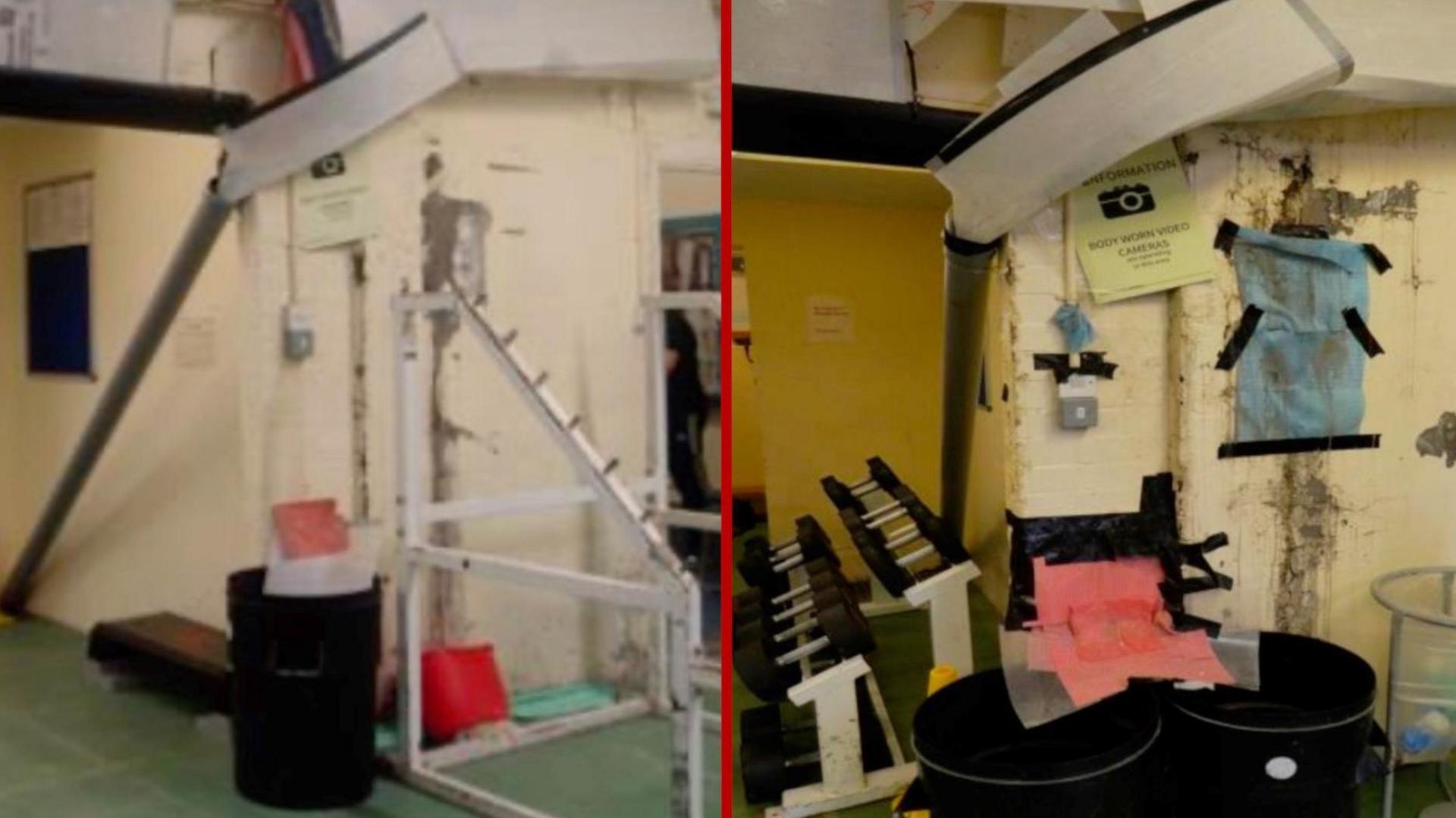 Two photos of damp spreading in the walls of the prison gym, taken a year apart. The first taken in May 2023, the second in May 2024