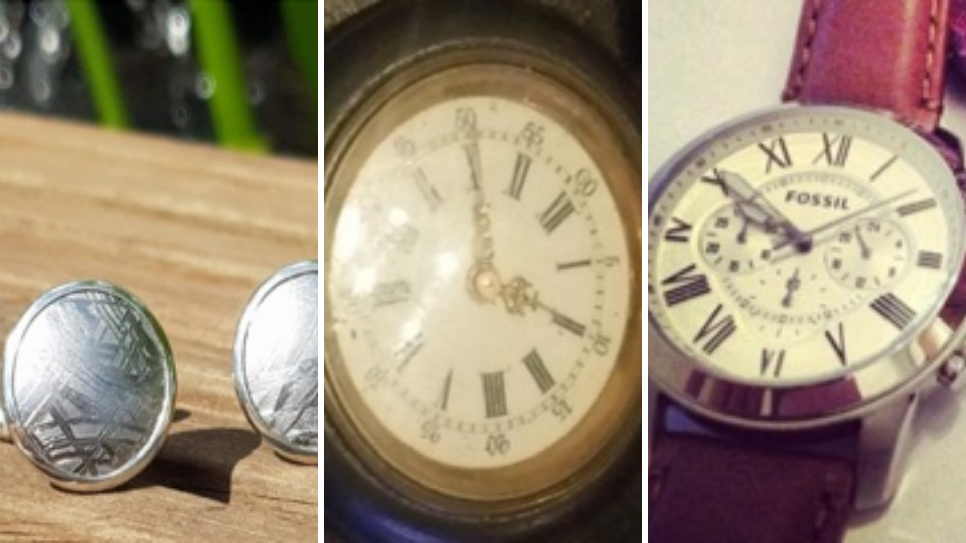 three images side by side. on the far left are some silver cufflinks which have curved designs on them. In the middle is a gold clock, and on the right is a silver "fossil" watch