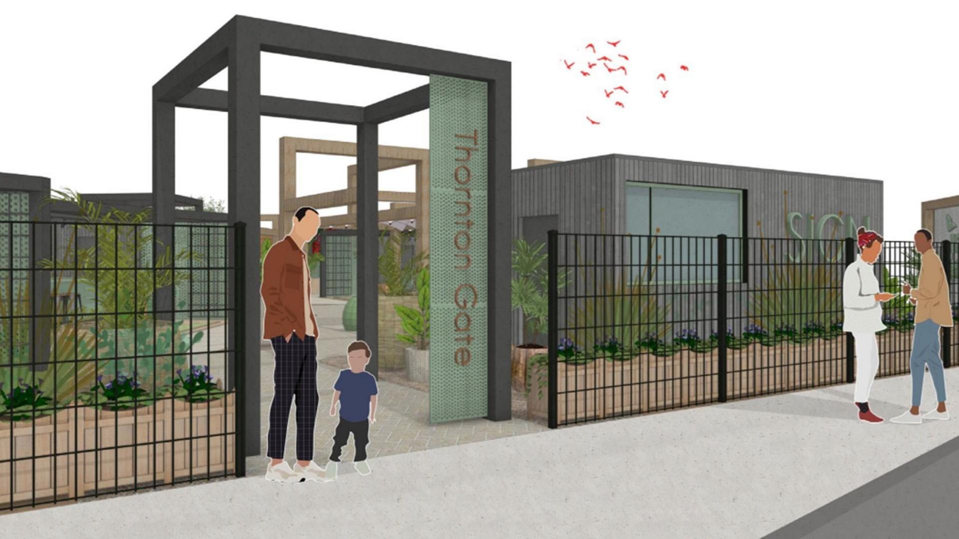 Artists impression of the front entrance of the development, with an archway leading into the outdoor venue. There are people stood outside the fence. 