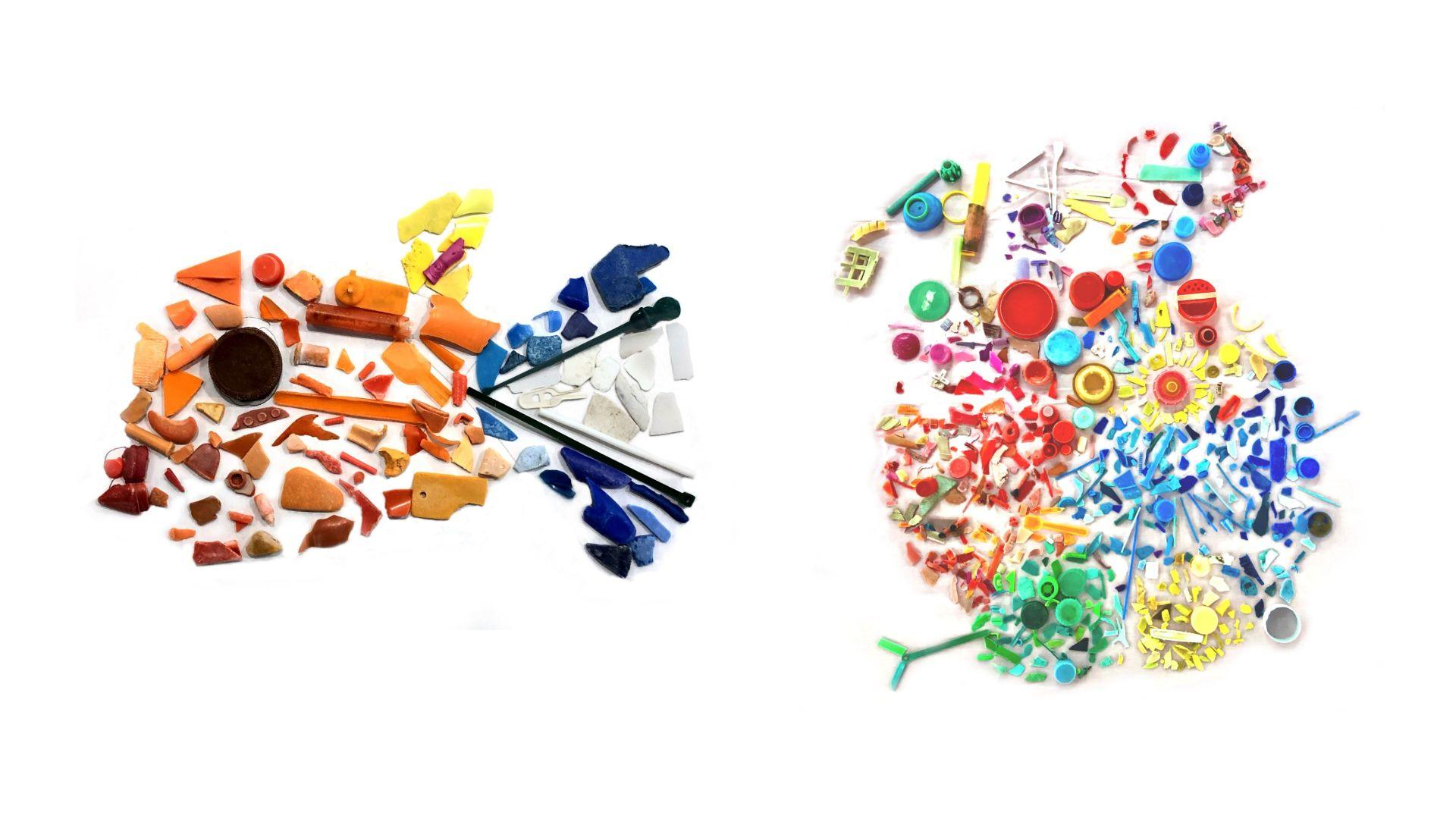 Multi-coloured bits of plastic form the shape of a fish in one piece and with the second design in a circular shape