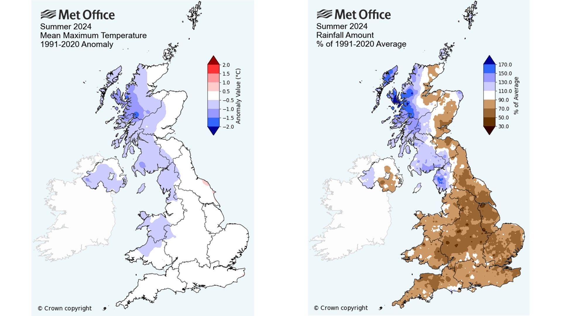 Two maps of the UK. The first shows blue across Wales, western Scotland and Northern Ireland showing lower temperatures compared to average. The second has brown across much of England and Wales to show dry weather there and blue colours across the far north-west showing wetter weather.