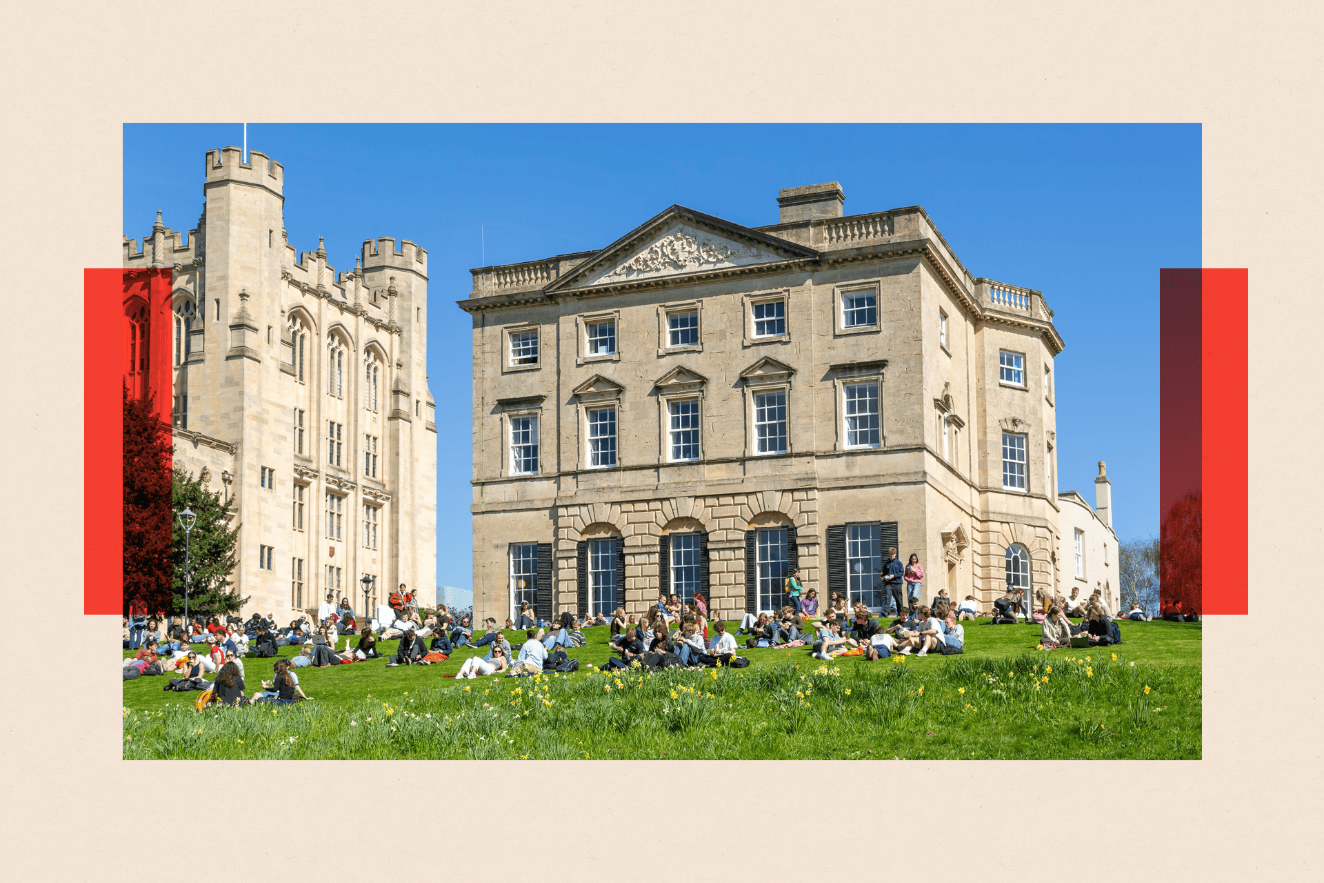 An image of students in Bristol, socialising on a grass lawn