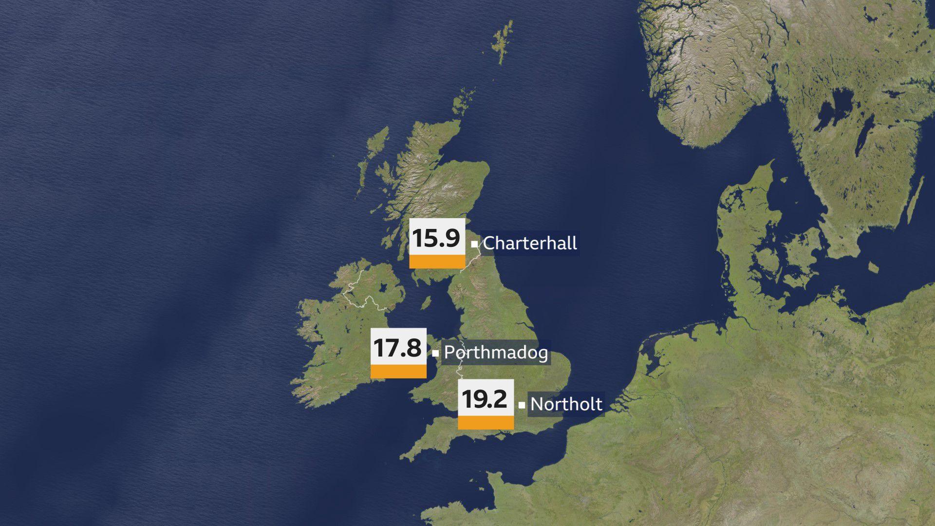Image of the UK with places marked on map that got the highest temperatures this week which are Charterhall in the Scottish Borders (15.9C), Porthmadog in Wales (17.8C) and Northolt in London (19.2C)