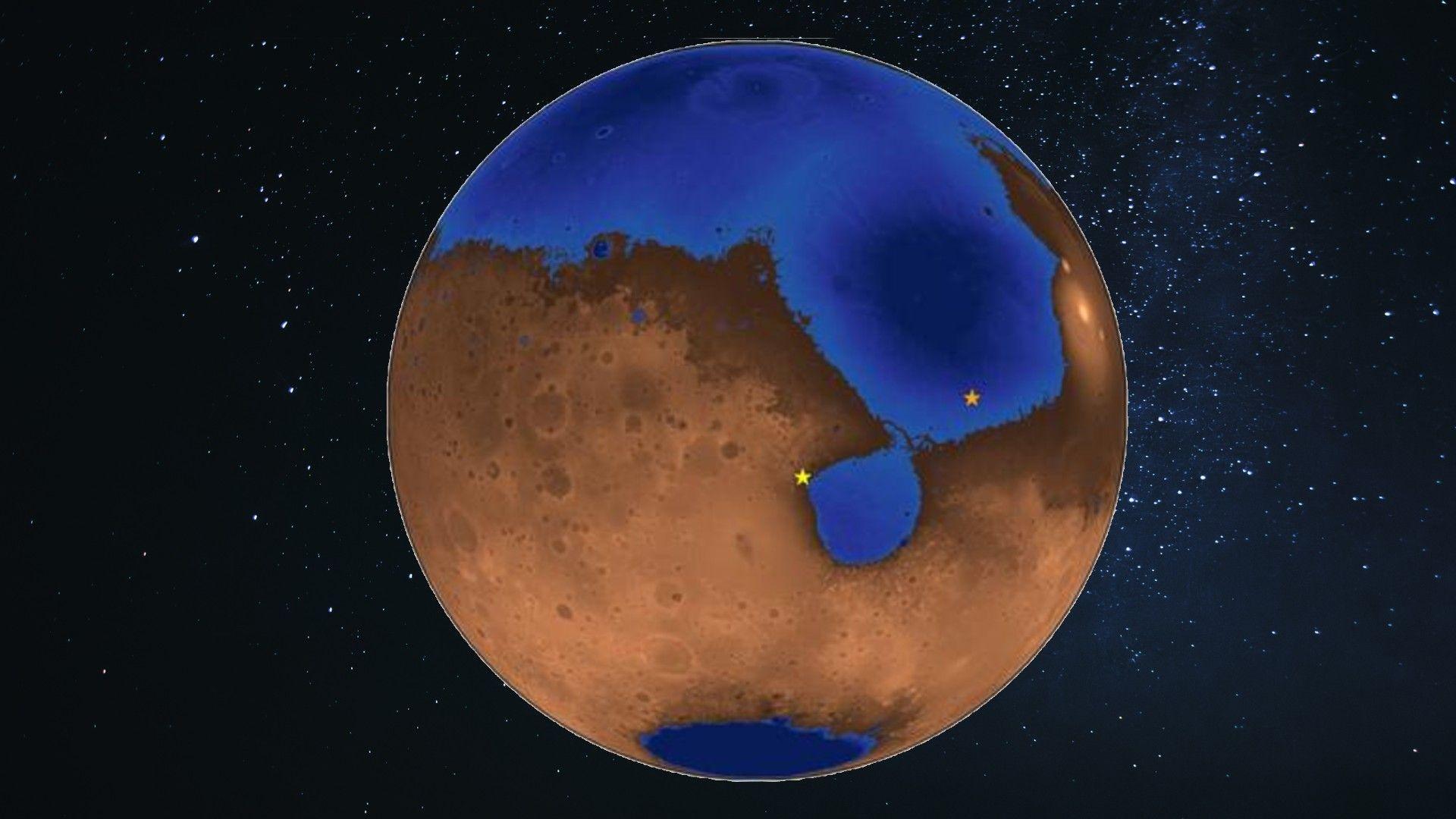 An image of Mars with water on the planet.