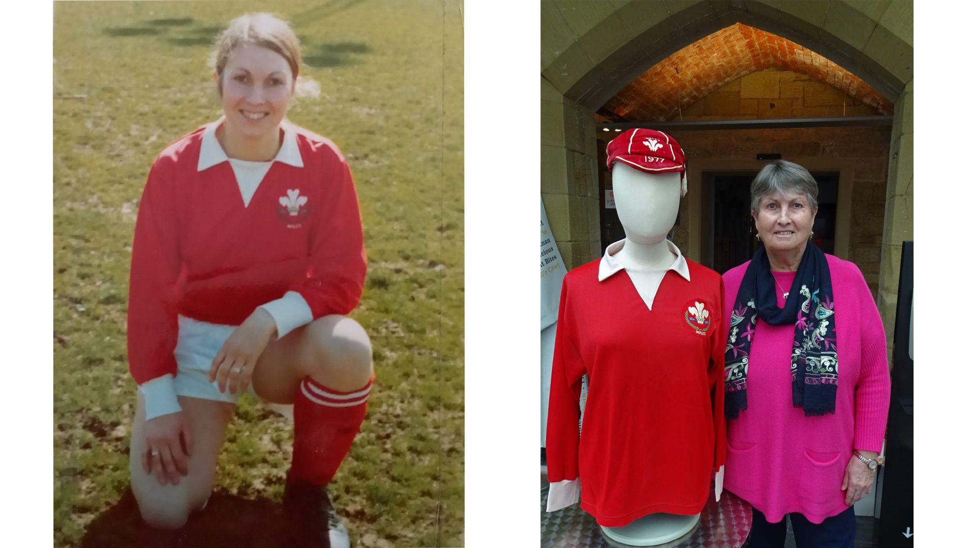 Mai yn un o'i gemau i Gymru, a gyda'r crys ac un o'i chapiau o 1977 mae hi wedi ei roi i amgueddfa Wrecsam