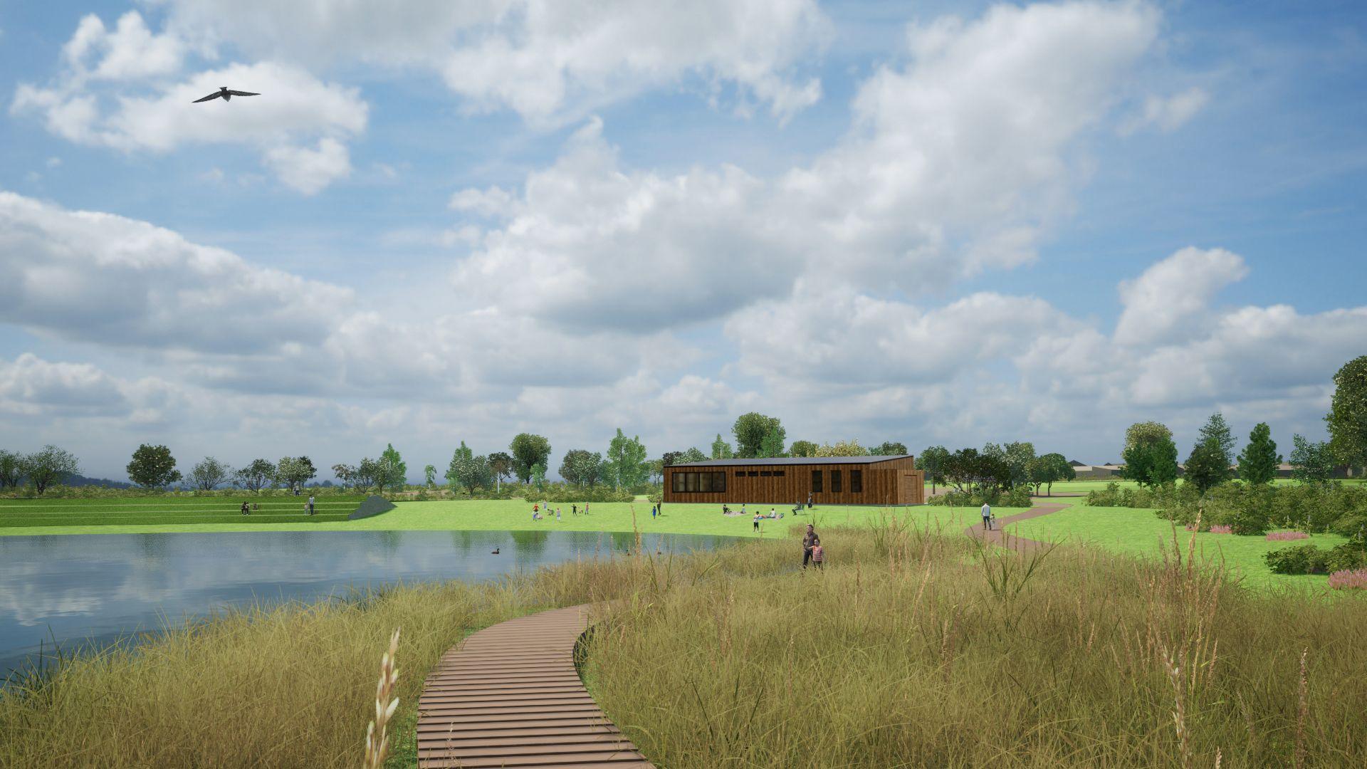 A wooden lodge sits at the end of a pathway next to a small loch and across grassland