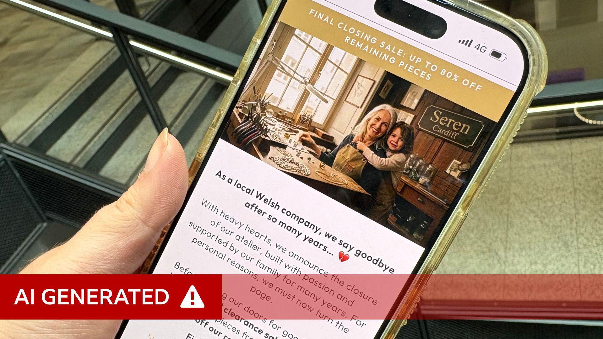 A mobile phone being held in someone's hand. On the phone is an image of an older woman with an apron sitting at a workshop desk, with a young girl hugging her. A sign saying 'Seren Cardiff' can be seen in the background. 