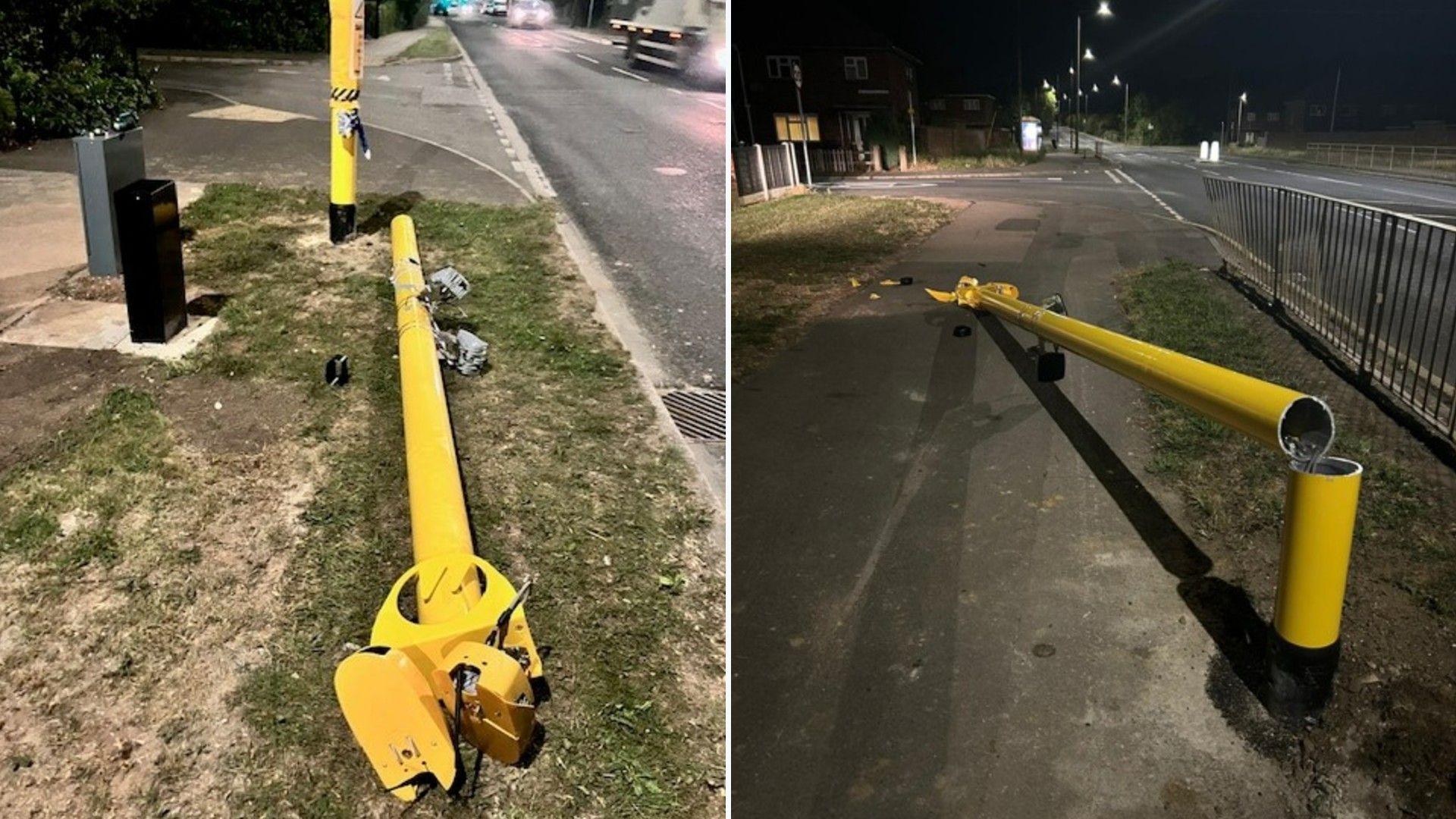 A composite image of two speed cameras, which have been chopped almost in half, leaving a large chunk of each of them on the ground.
