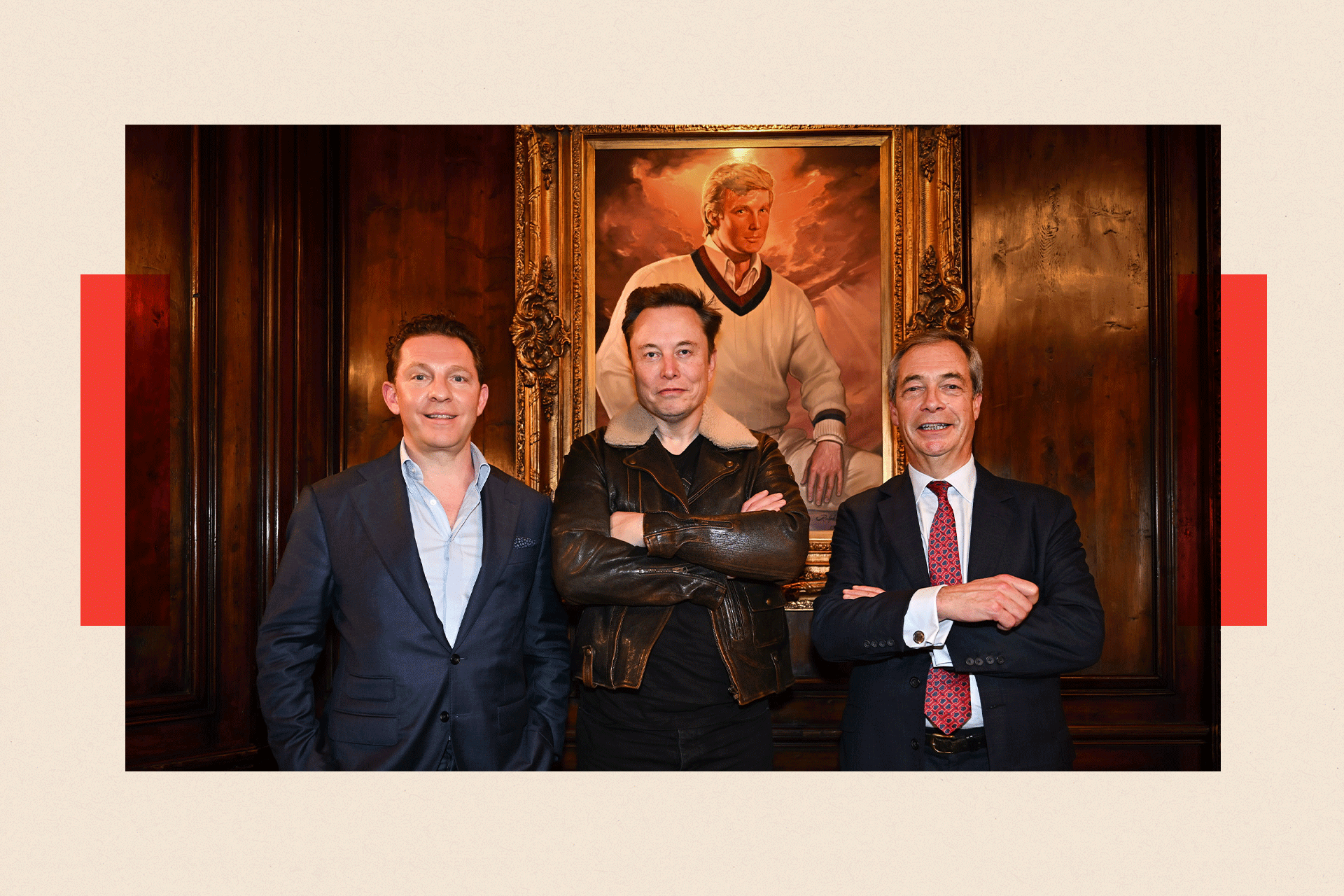 Nigel Farage and Party treasurer Nick Candy during their meeting with Elon Musk. All 3 men are infront of a portrait of Trump