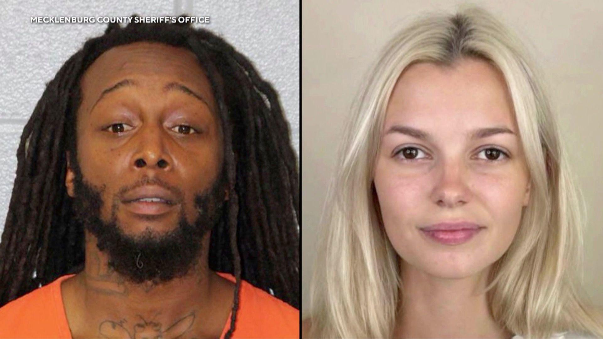 A split screen image of Decarlos Brown Jr on the left wearing an orange jumpsuit with dreadlocks and Iryna Zarutska who has blonde hair