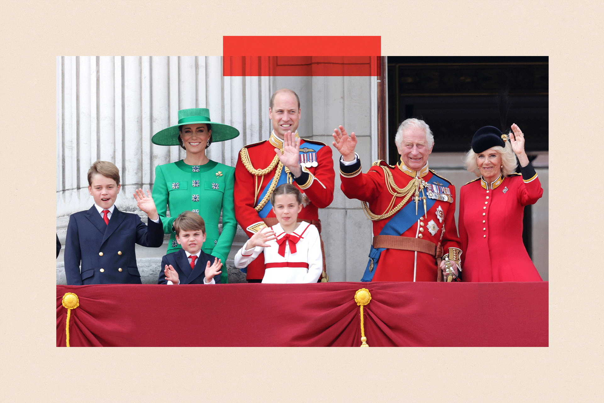 King Charles III and Queen Camilla wave alongside Prince William, Prince of Wales, Prince Louis of Wales, Catherine, Princess of Wales and Prince George of Wales on the Buckingham Palace balcony