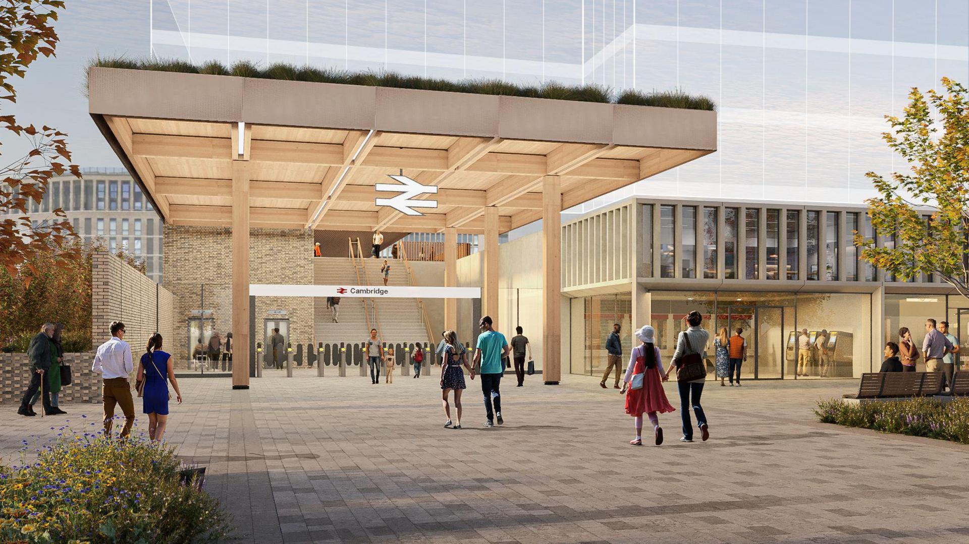 A CGI mock-up of a the proposed new entrance to Cambridge railway station. It is a brown timber construction.