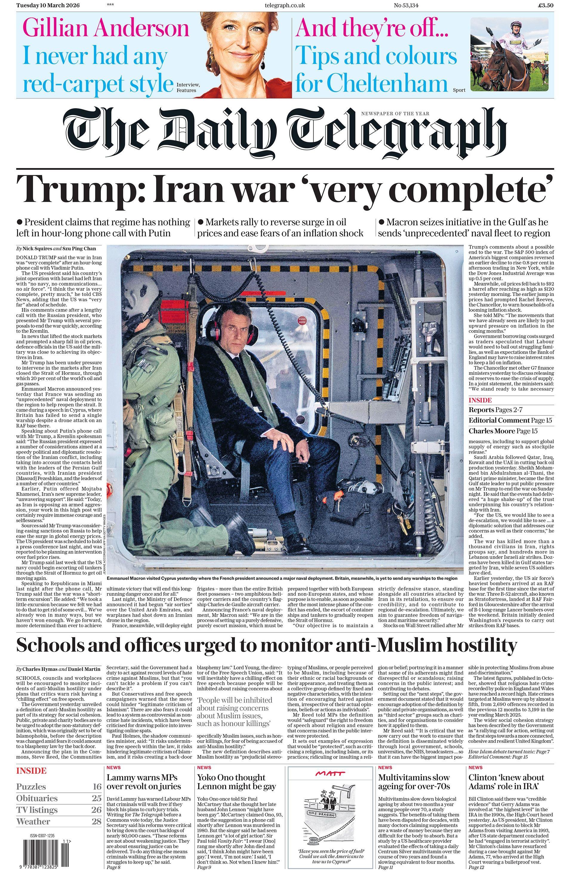 “Trump: Lufta kundër Iranit ‘shumë e plotë’”, thuhet në titullin kryesor në faqen e parë të Daily Telegraph.