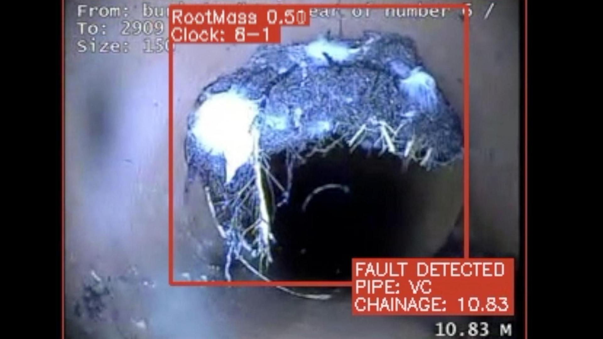 A still image of CCTV of a sewer pipe, where AI has drawn a red box around a block of roots that are growing into the pipe. A red box reads 'fault detected'