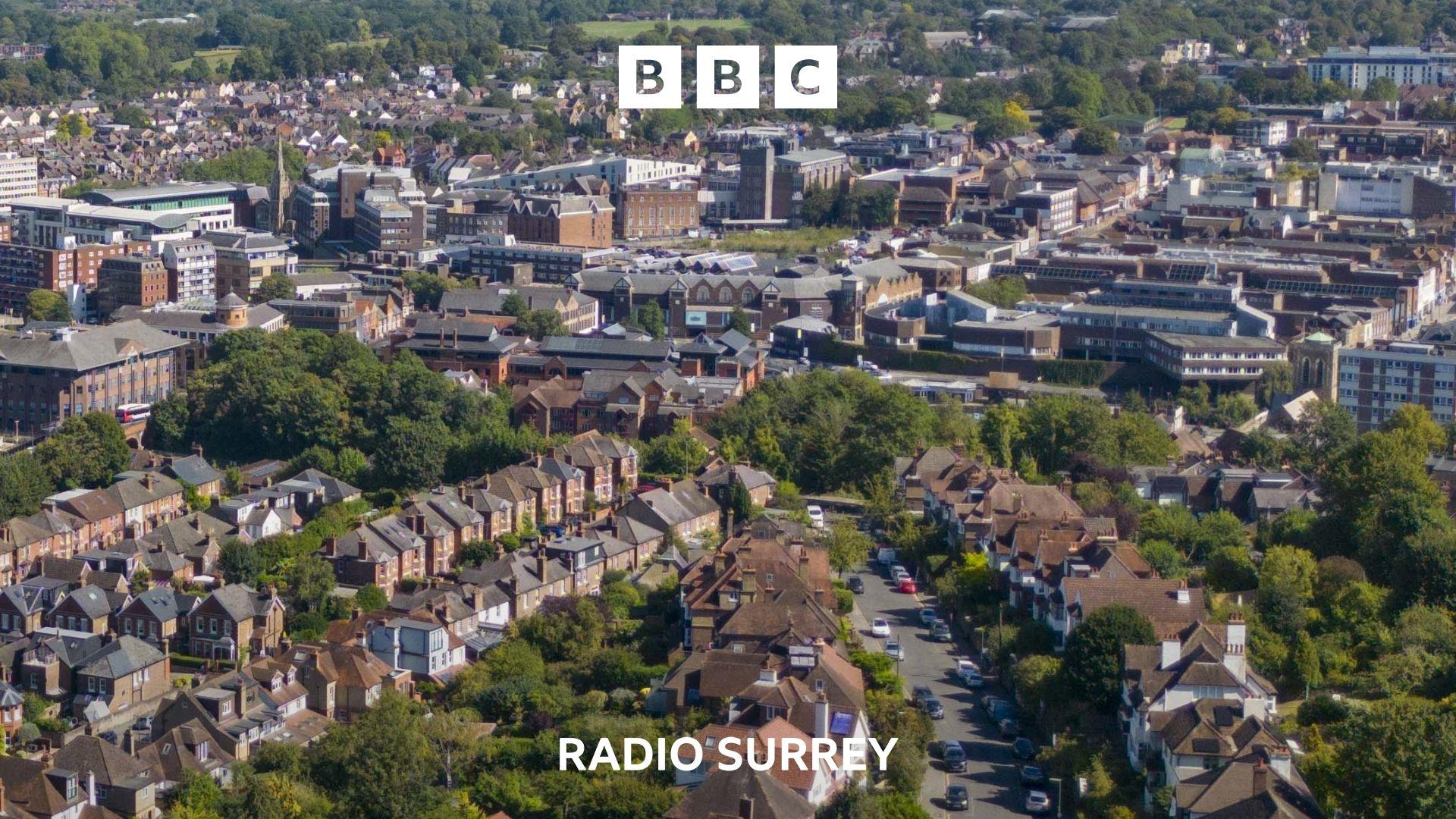 An Aerial view of a town with rows of tree lined homes in the foreground and larger commercial buildings in the distance.