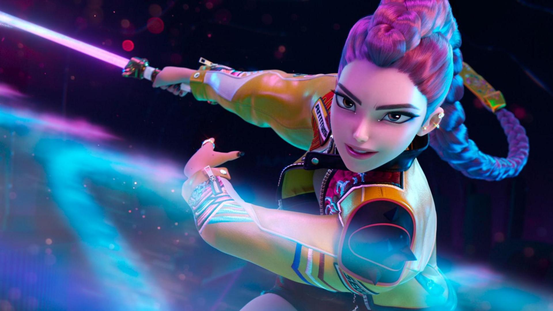 Shot of Rumi from the animated film. She has long purple hair in a plait from her forehead and is wearing a multicoloured jacket. She is holding a sword and is pictured in action fighting demons.