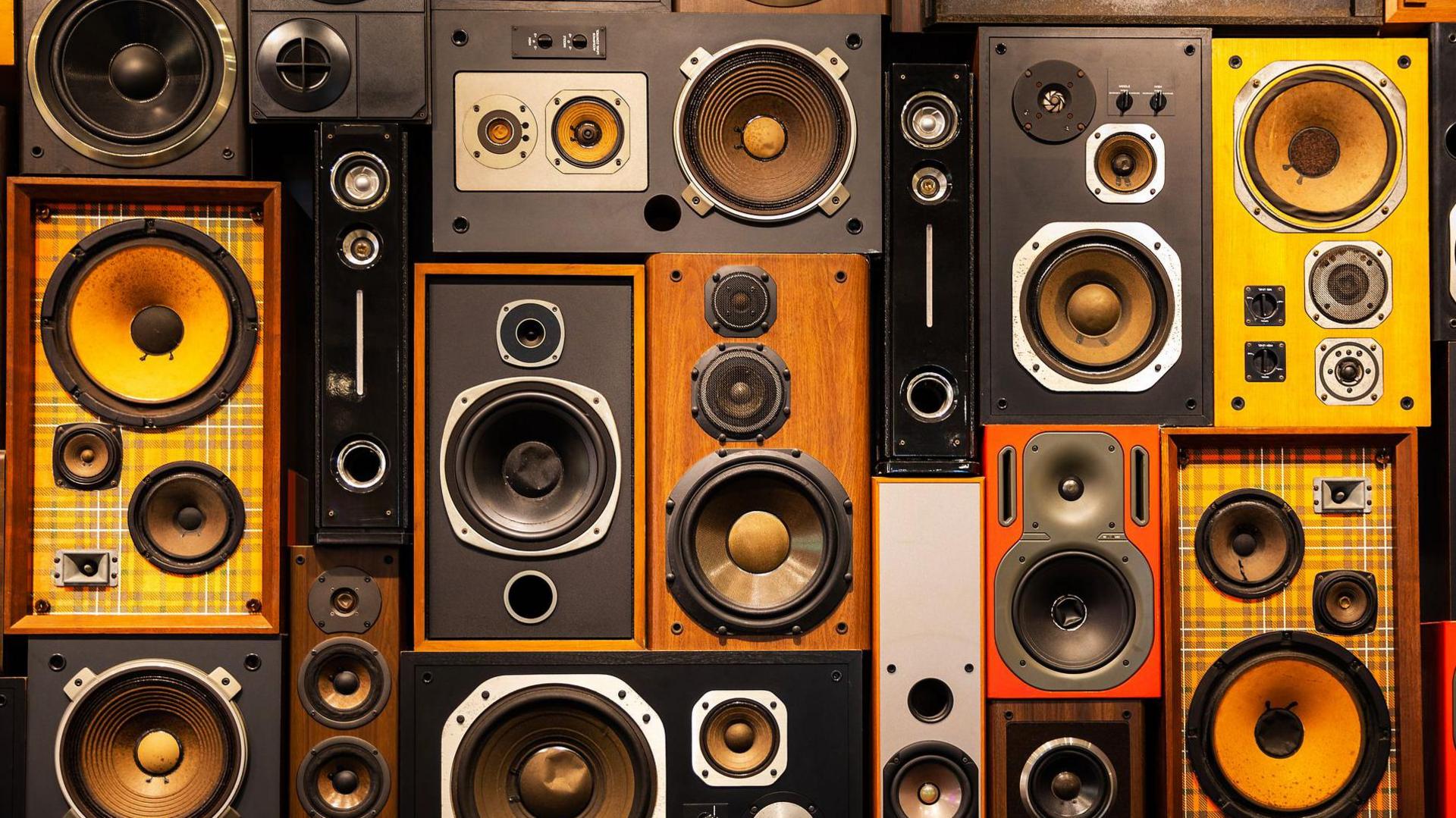 A set of vintage speakers, presumably set up along a wall