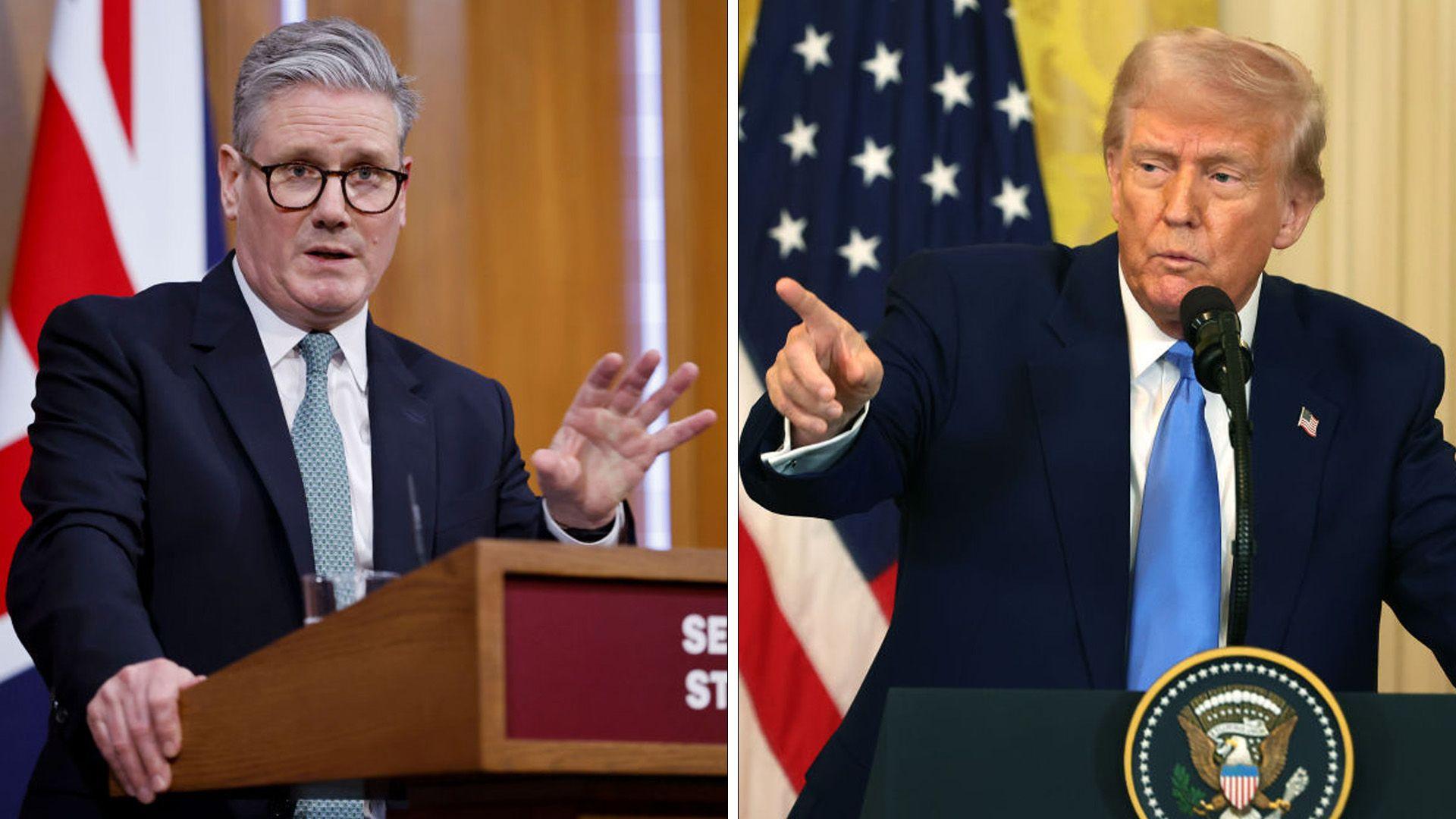 On the left side of the image, Keir Starmer stands at a lectern with his hand raised and appears to be mid sentence, there is a Union Jack flag behind him. On the right side of the image President Donald Trump stands at a different lectern at a different location and is pointing. There is a US flag behind him. 