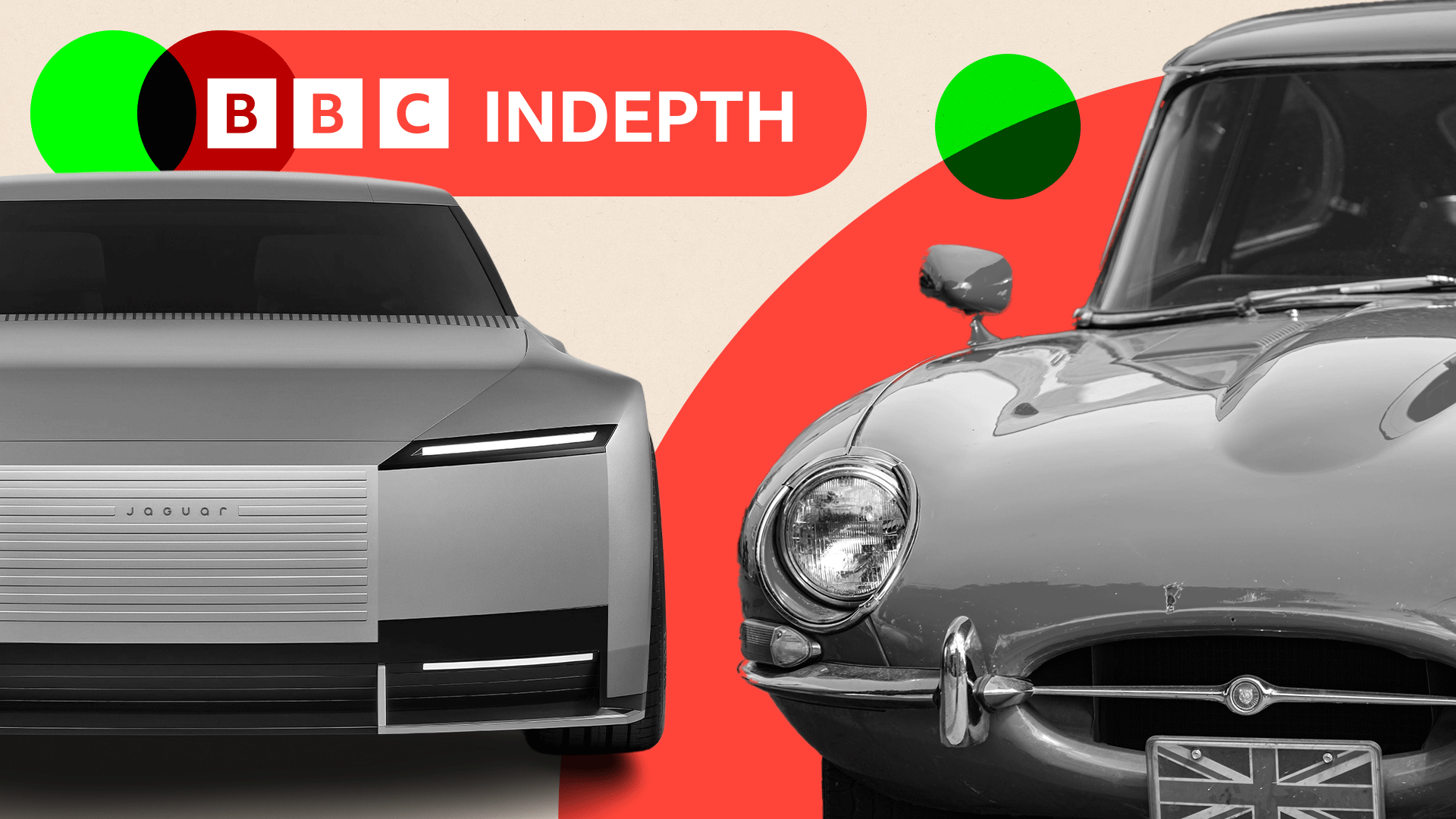 Montage image showing a Jaguar Type 00 concept car alongside a vintage Jaguar E-Type