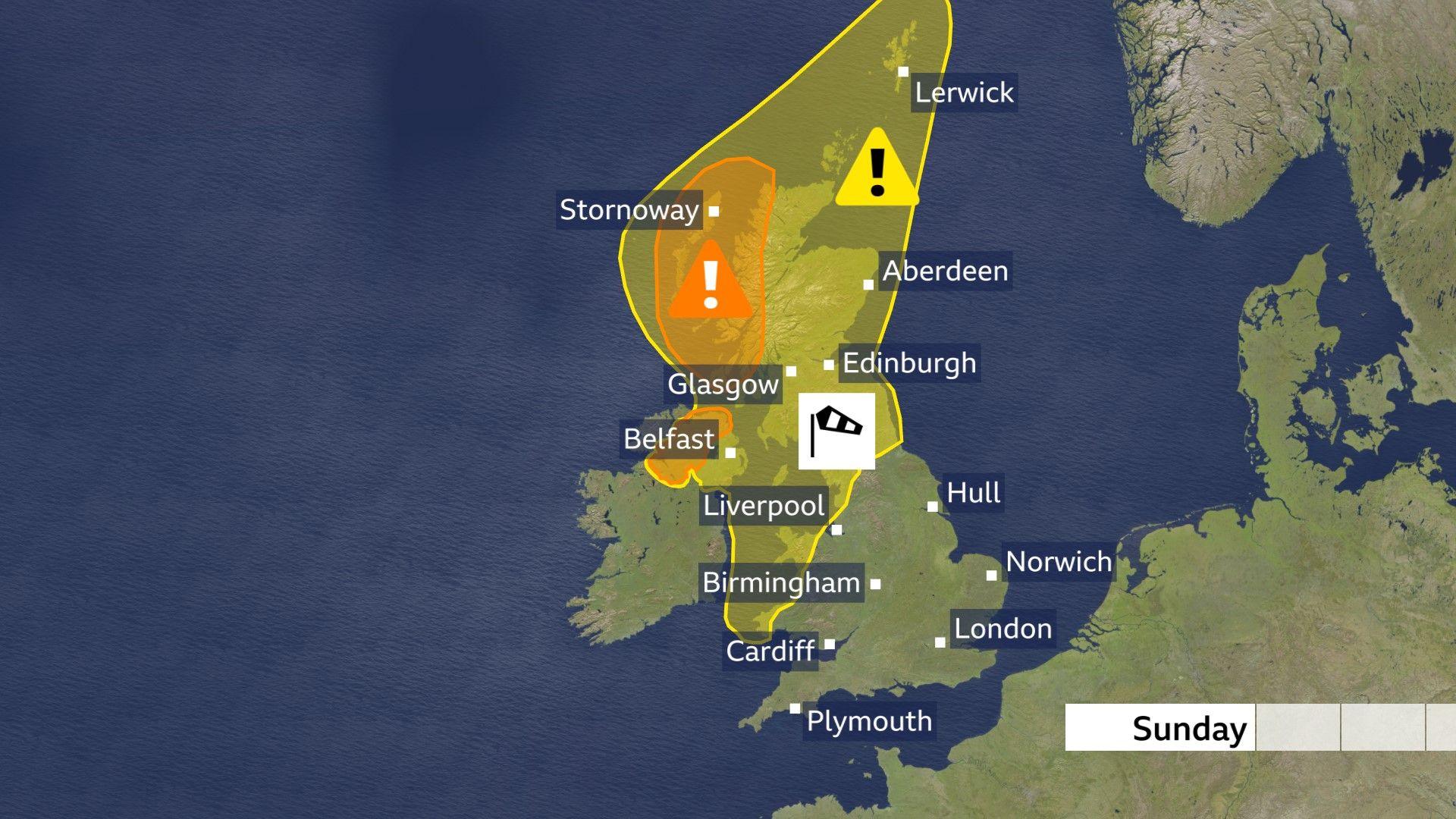 A map showing the yellow alert area covering the Northern Isles and the whole of Scotland as well as Northern Ireland and parts of north and west England. Within the yellow area is a smaller amber alert shaded areas covering the Western Isles and western Scotland from Argyll to Cape Wrath, as well as North Ireland. For both areas the warning for high winds, and the warning in the south west of England is for rain.