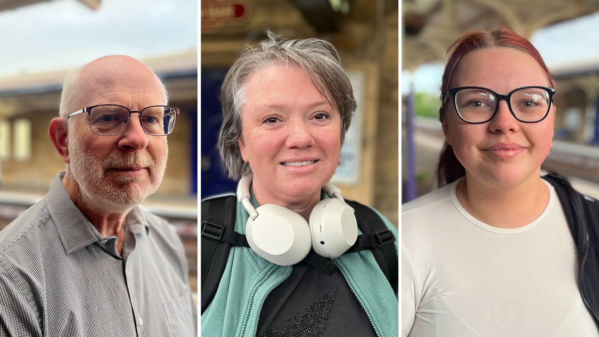 Composite of pictures of a man with a white beard, a woman with grey hair and headphones around her neck, and a woman with red hair