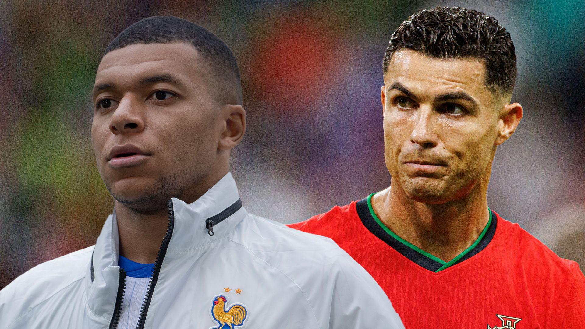 An image showing Mbappe and Ronaldo's faces, both looking focussed