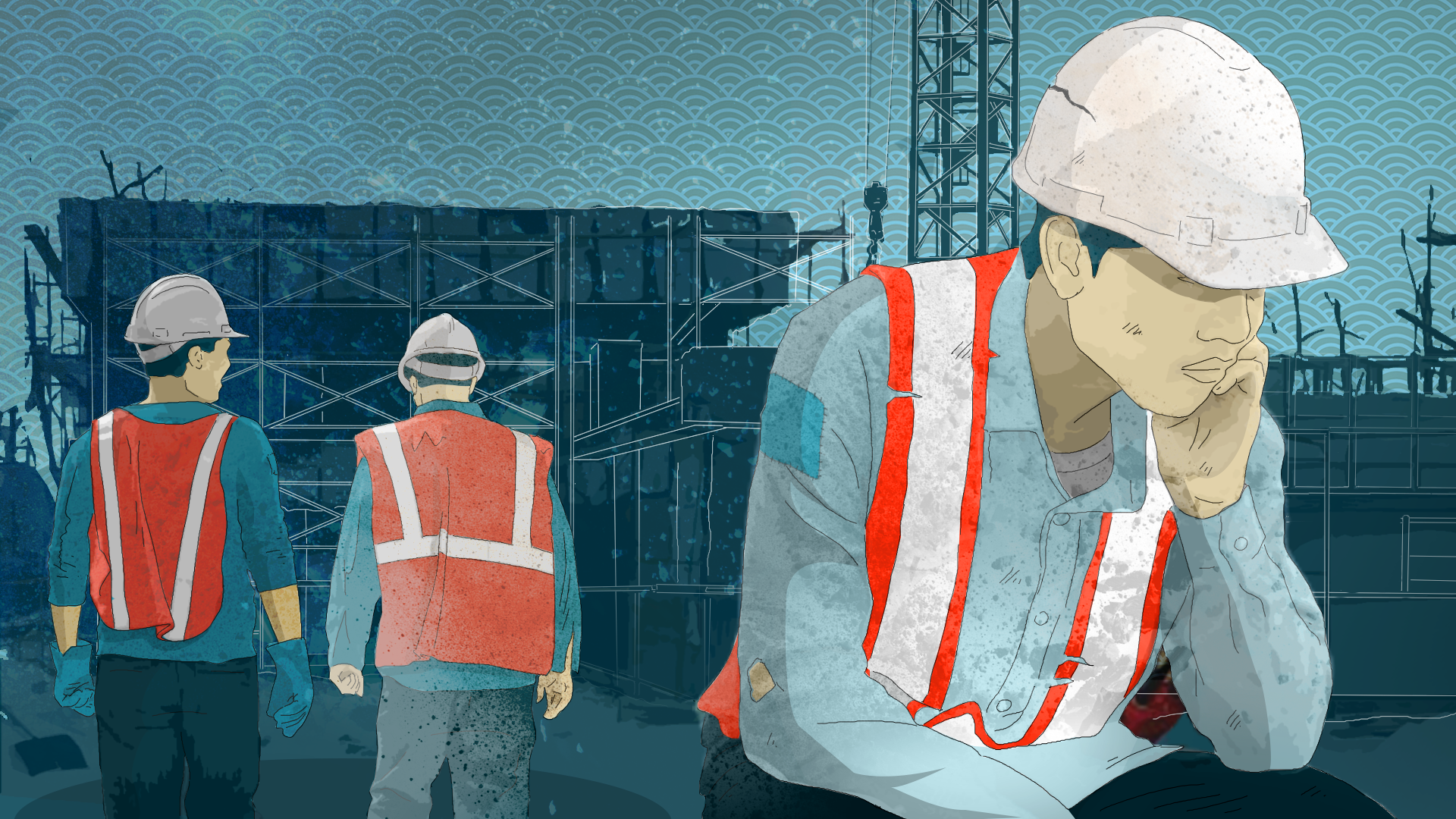 A graphic showing a North Korean worker in a hard hat and reflective vest with his head in his hands