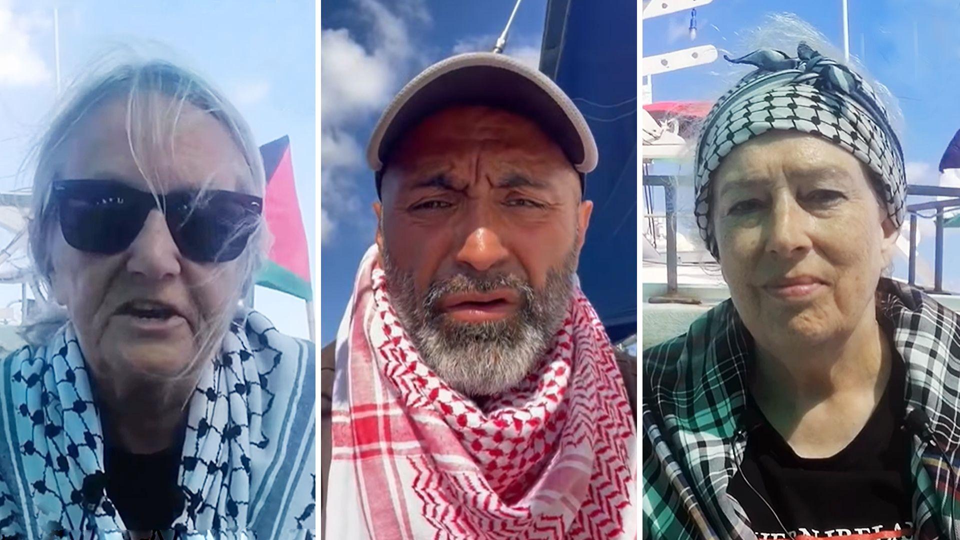 A collage of three individuals, each photographed separately on boats. They all wear patterned scarves. Woman on the left is wearing sunglasses. Middle is a Bearded man wearing a cap. Woman on the right is wearing a black and white headscarf tied around their head.