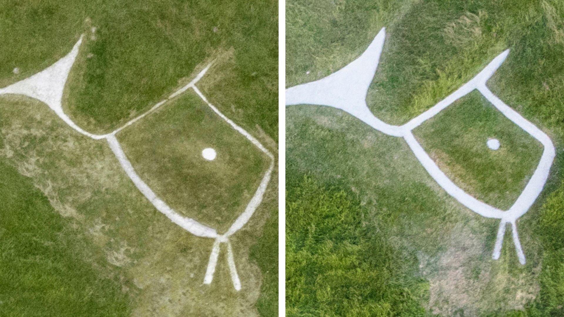 Undated National Trust handout photo of the head and neck of the White Horse at Uffington, Oxfordshire, showing a before (left) and after restoration view