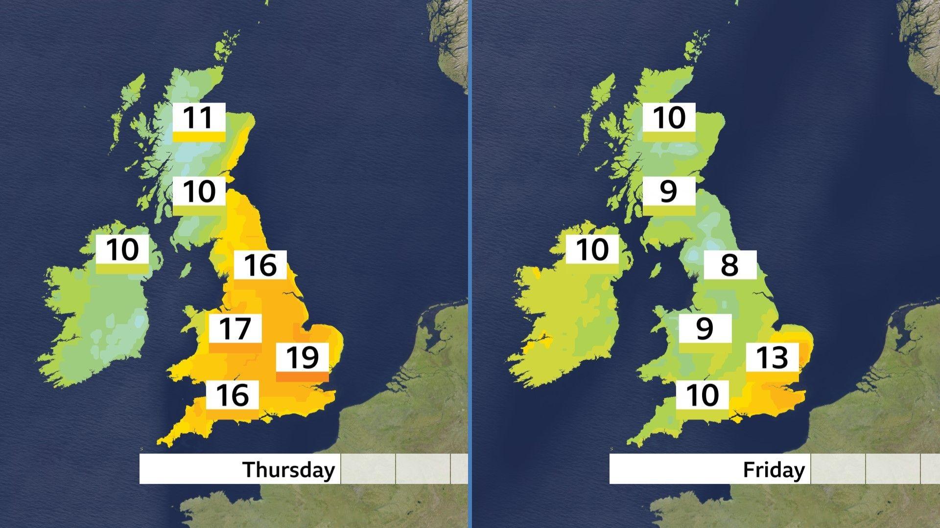 Two temperature maps of the UK, each with seven temperatures. On the left are Thursday's maximum temperatures of 10-19C (50-66F). On the right are Friday's maximum temperatures of 8-13C (46-55F).