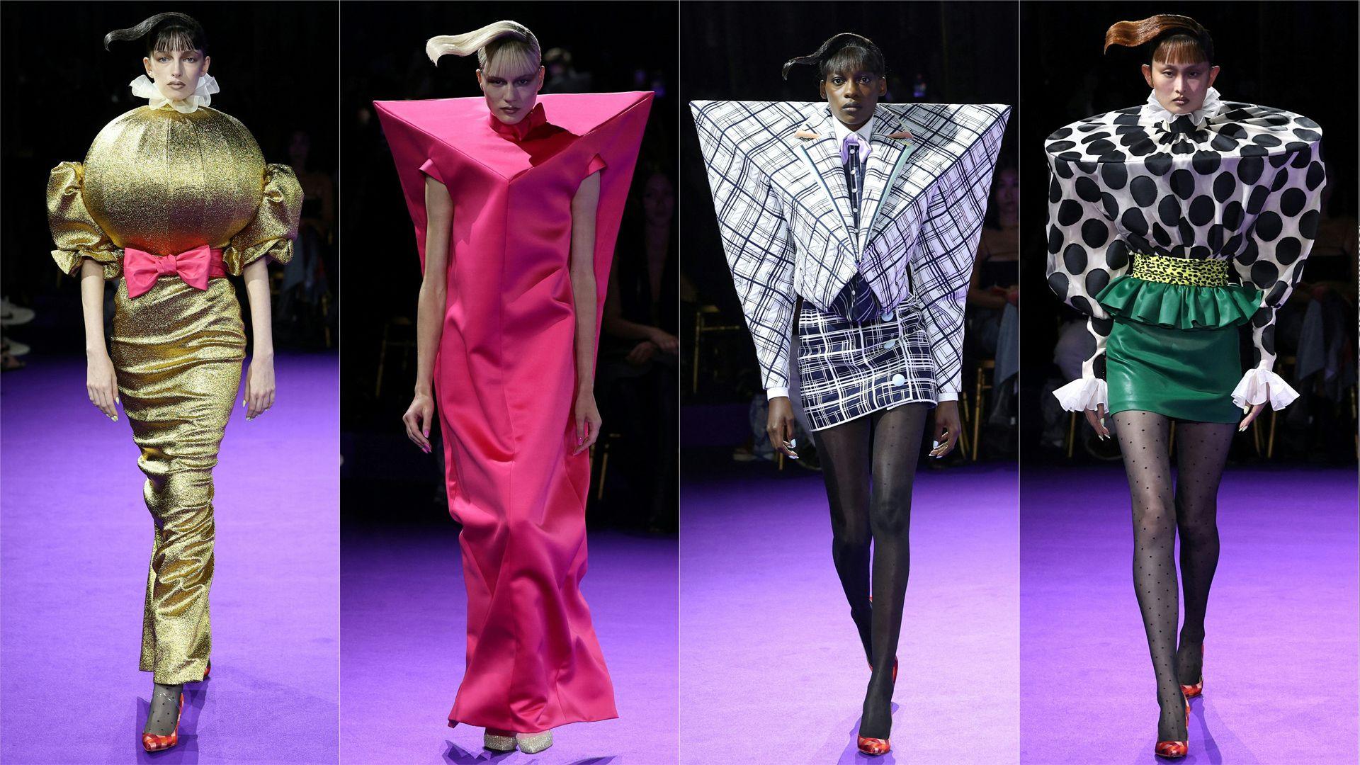 models in clothes shaped like geometric shapes