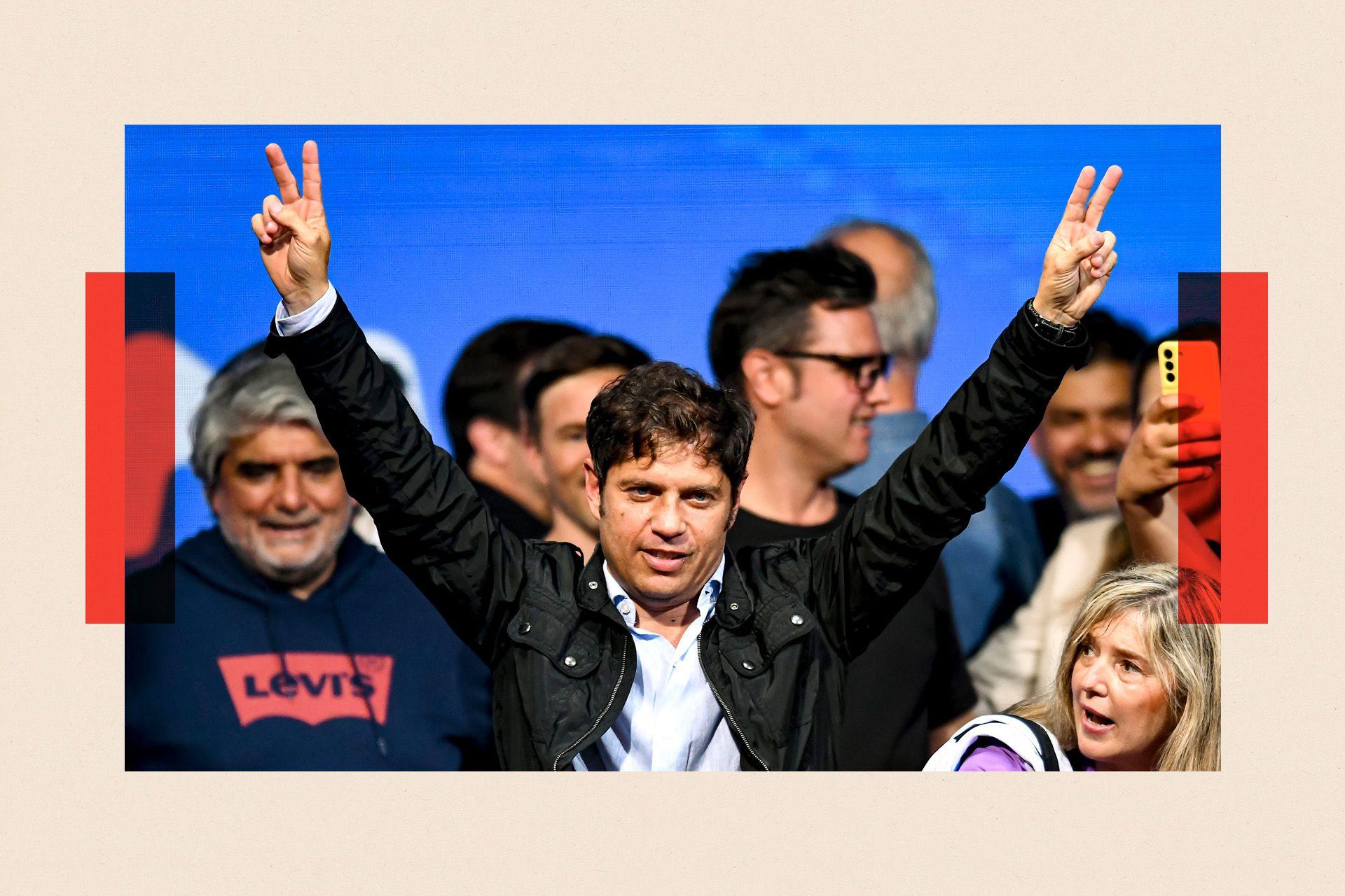 Governor of Buenos Aires Province Axel Kicillof waves to supporters after the general elections