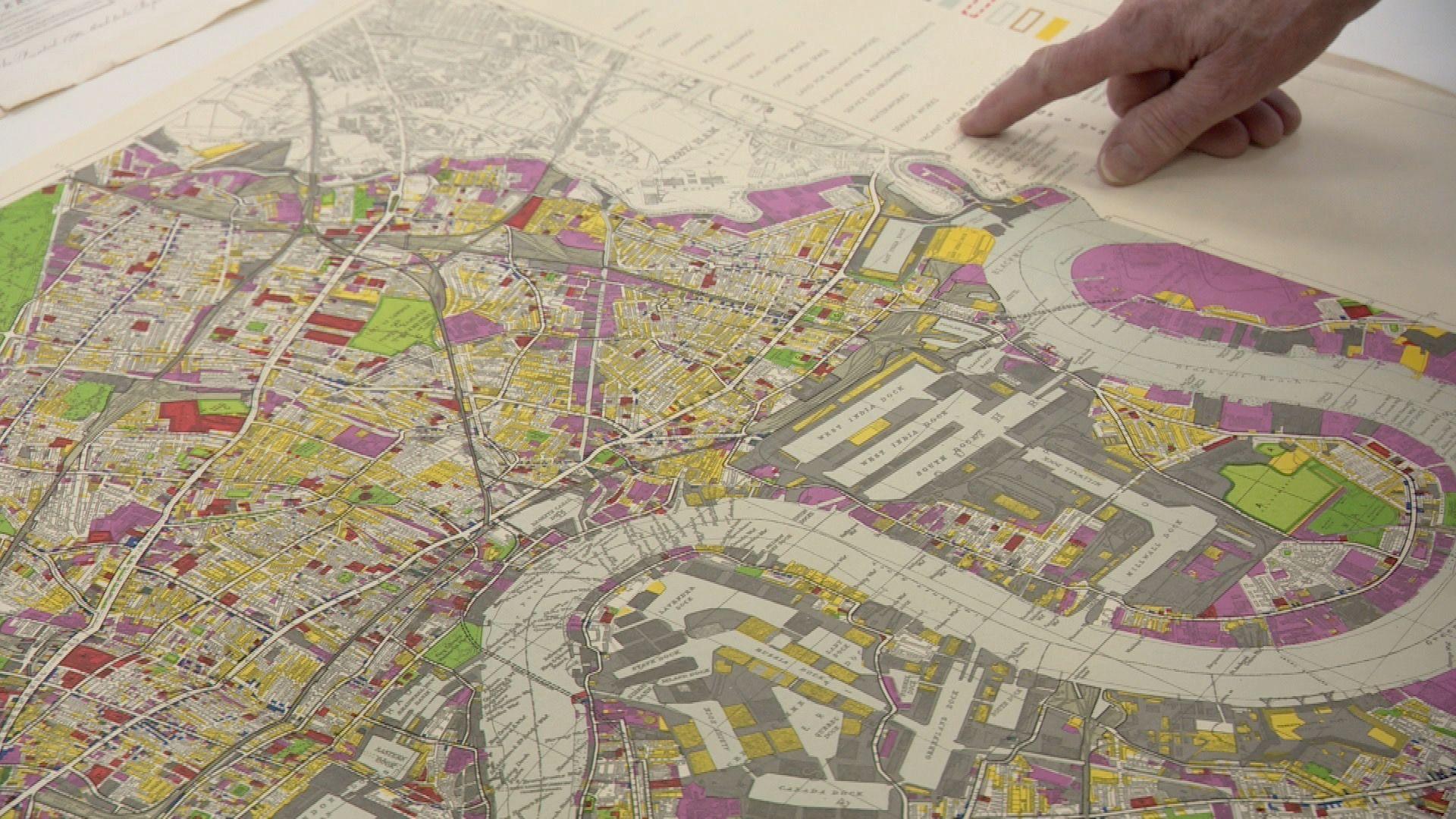 A map of London showing the East End, River Thames and Isle of Dogs that is colour-coded to demarcate areas of industry, commerce or derelict sites 