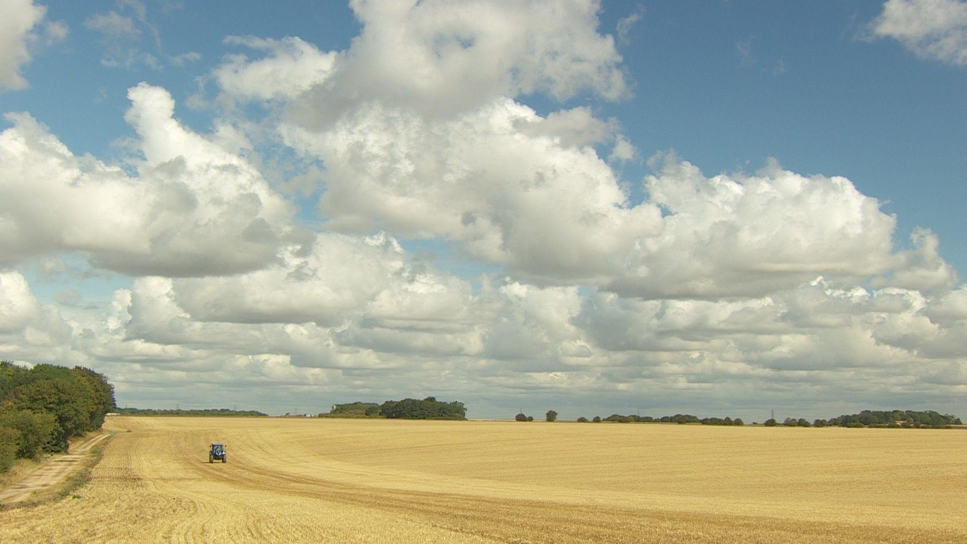 a landscape shot of farmland with harvested fields of stubble in the bottom half, a blue tractor in the far distance and a sunny but cloudy sky above.
