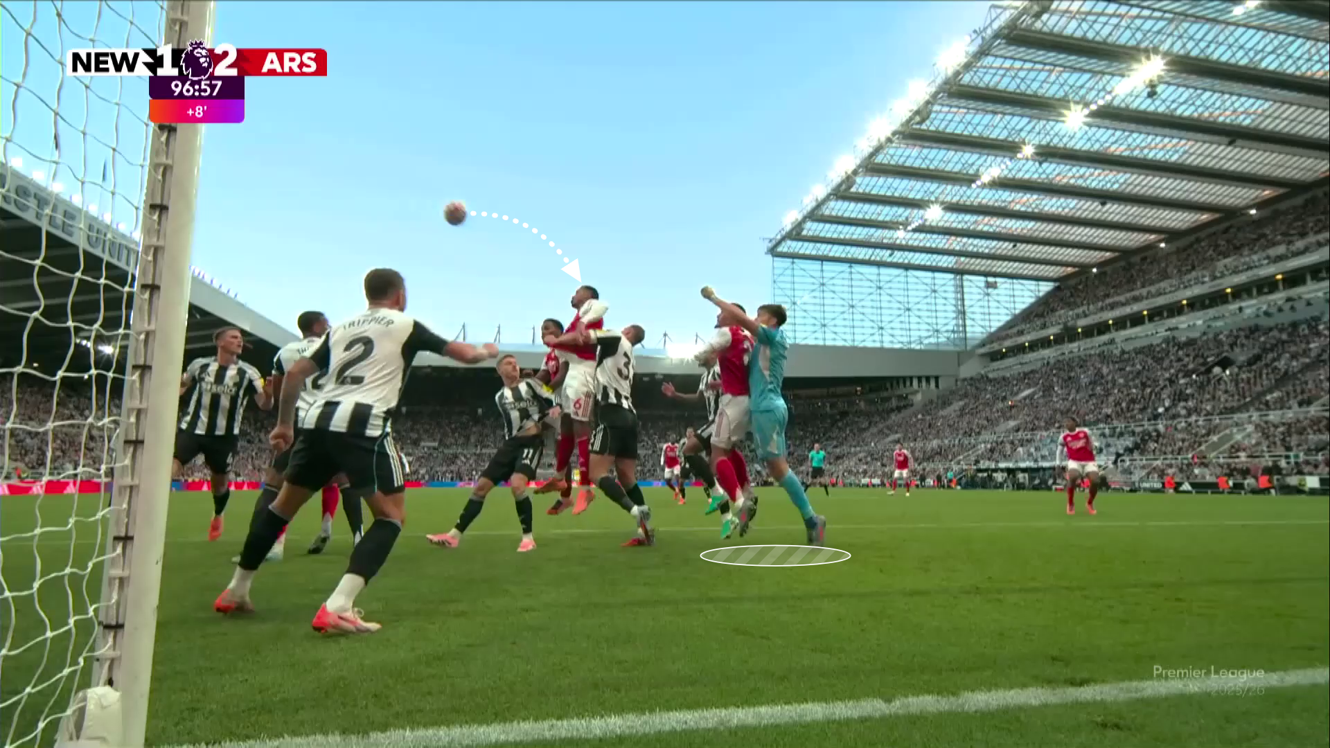 A screengrab from Arsenal's 2-1 win vs Newcastle, showing the Gabriel scoring from a corner with goalkeeper Nick Pope unable to get close to the ball as defender William Saliba had indirectly crowded his path to the ball.