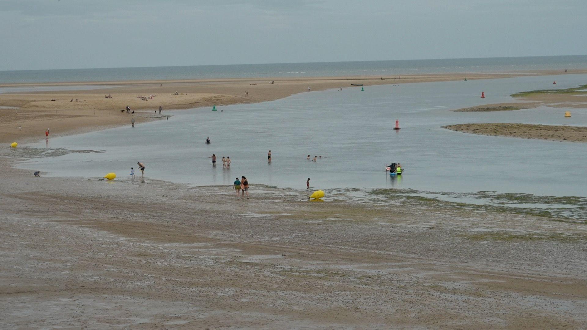 Part of the sandy beach at Wells-next-the-Sea in Norfolk. People can be seen in the water at the beach. The sky is blue.