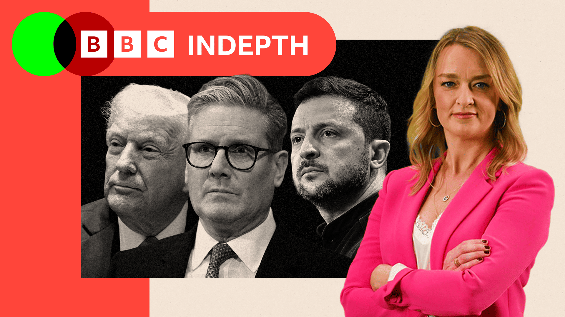 A treated image featuring Donald Trump, Sir Keir Starmer and Volodymyr Zelenskyy, with a image of Laura Kuenssberg edited on the side