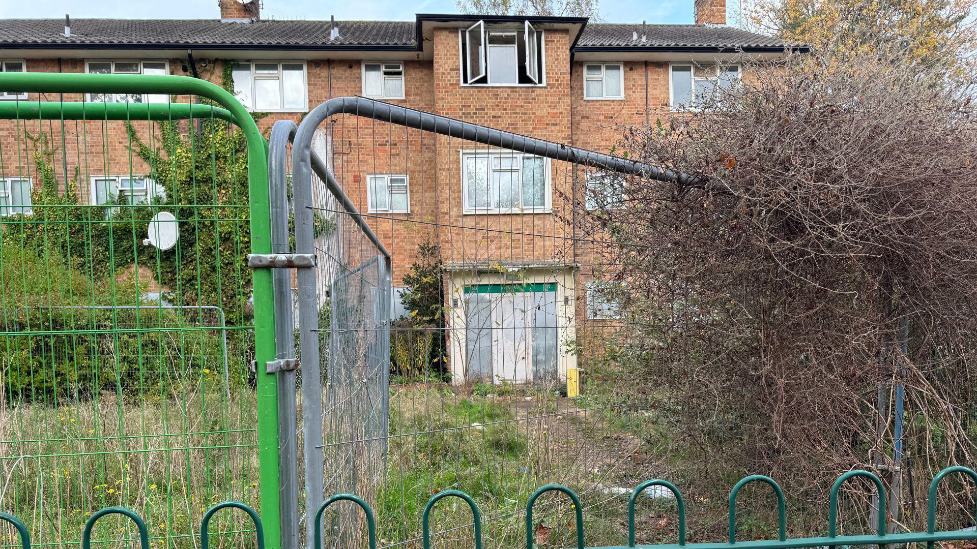 An empty block of flats in Sheerwater which are surrounded by fences. There is also overgrown grass and plants.