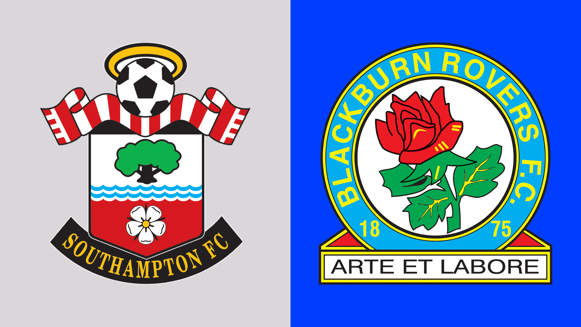 The left side of the image has a grey background with the Southampton badge on it. The right side has a bright blue background with the Blackburn Rovers badge on it.