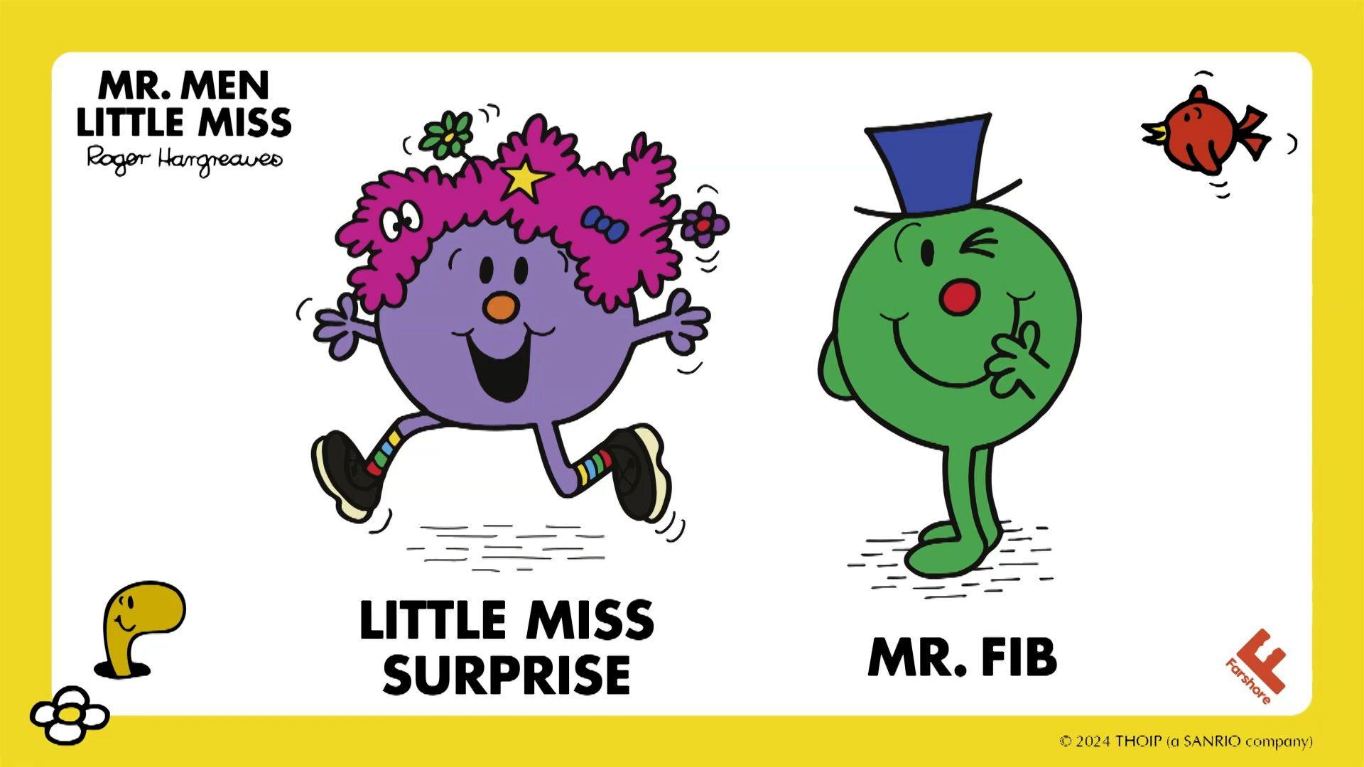 Two illustrated round characters from the Mr Men and Little Miss series, one purple with pink frizzy hair called Little Miss Surprise, and the other green with a blue top hat called Mr Fib