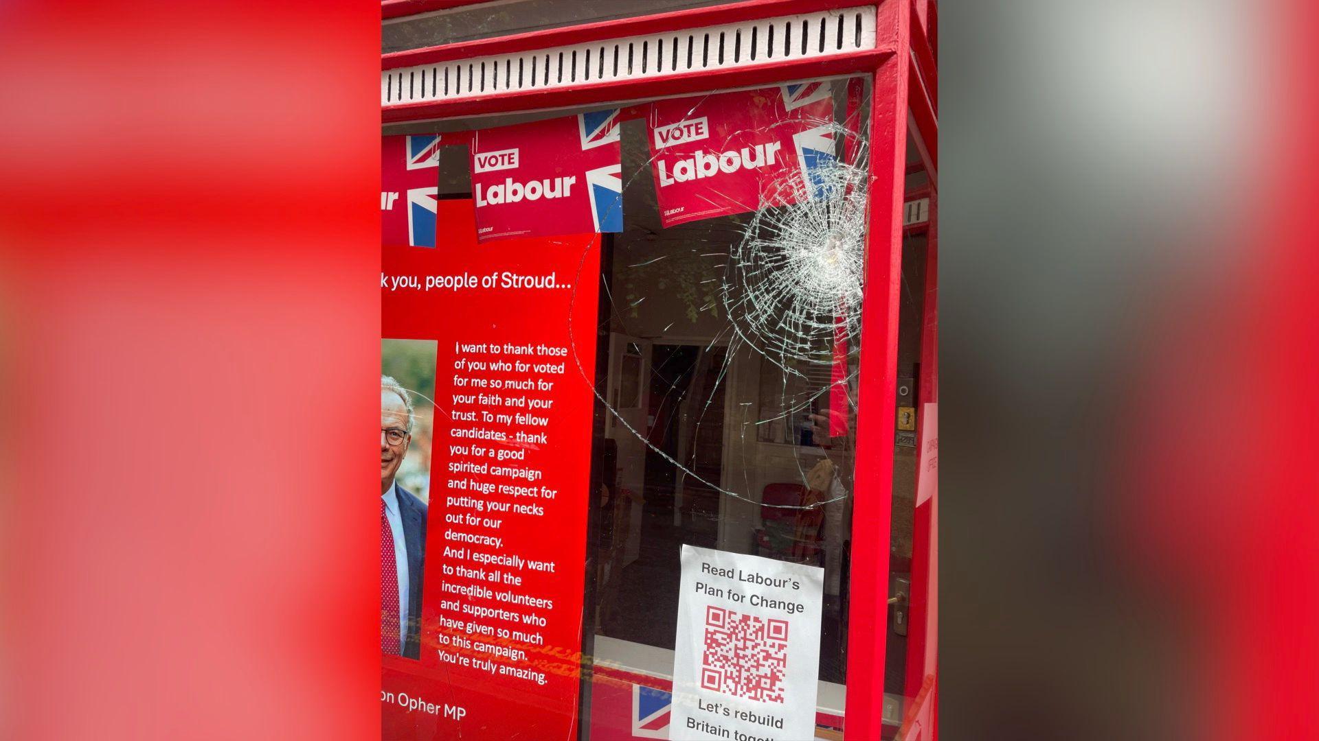 A cracked window in the offices of the Labour Party in Stroud.