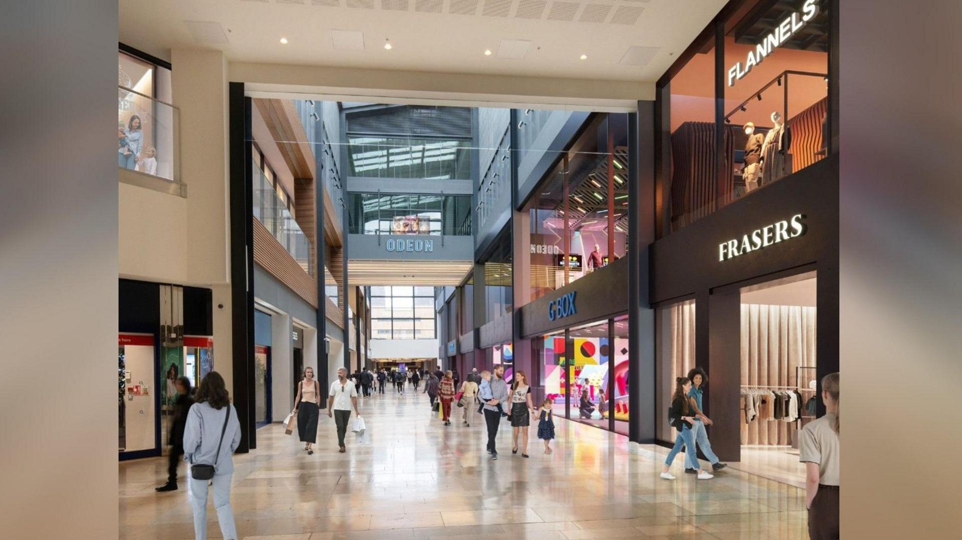 An artist impression of Queensgate cinema complex with Odeon at the back and the Flannels and Frasers stores in the foreground