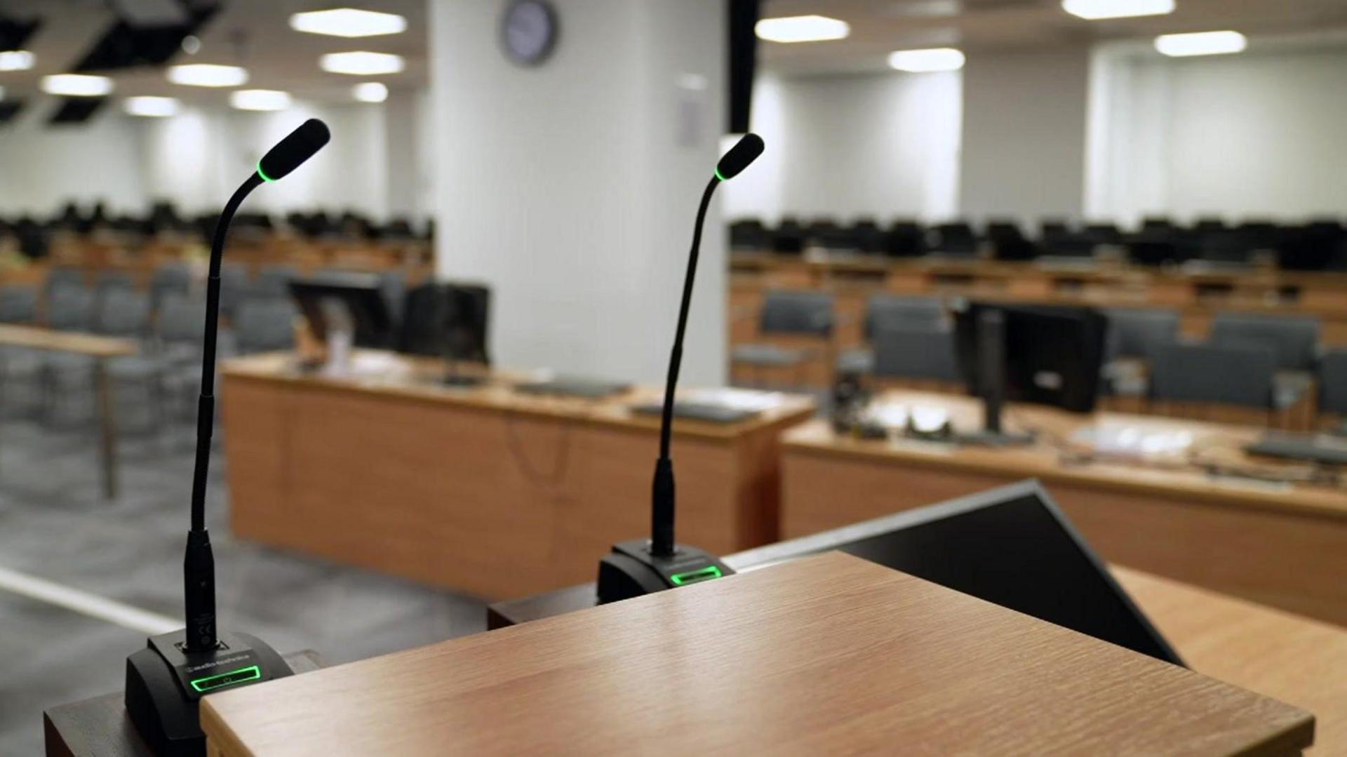 A general view of an empty Preliminary Hearings room at the Covid-19 Public Inquiry 