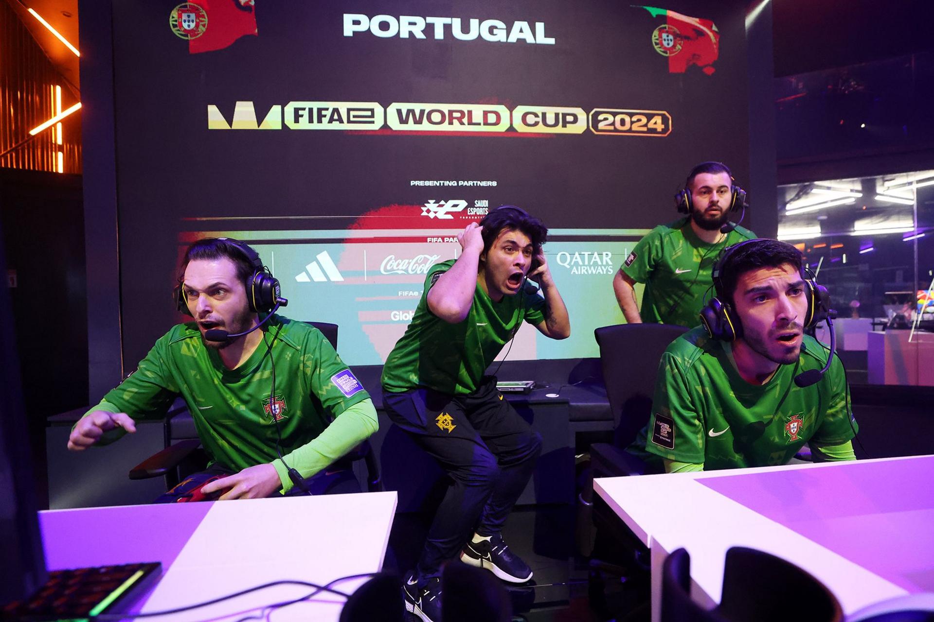 Team Portugal celebrate victory against Team Argentina at the FIFAe World Cup in Saudi Arabia